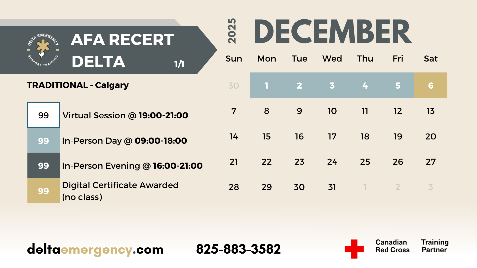 AFA-R December 2025 Emergency Medical Responder Advanced First Aid First Responder BLS CPR January to December 2025 Calendar Delta Emergency Support Training and the Canadian Red Cross.png