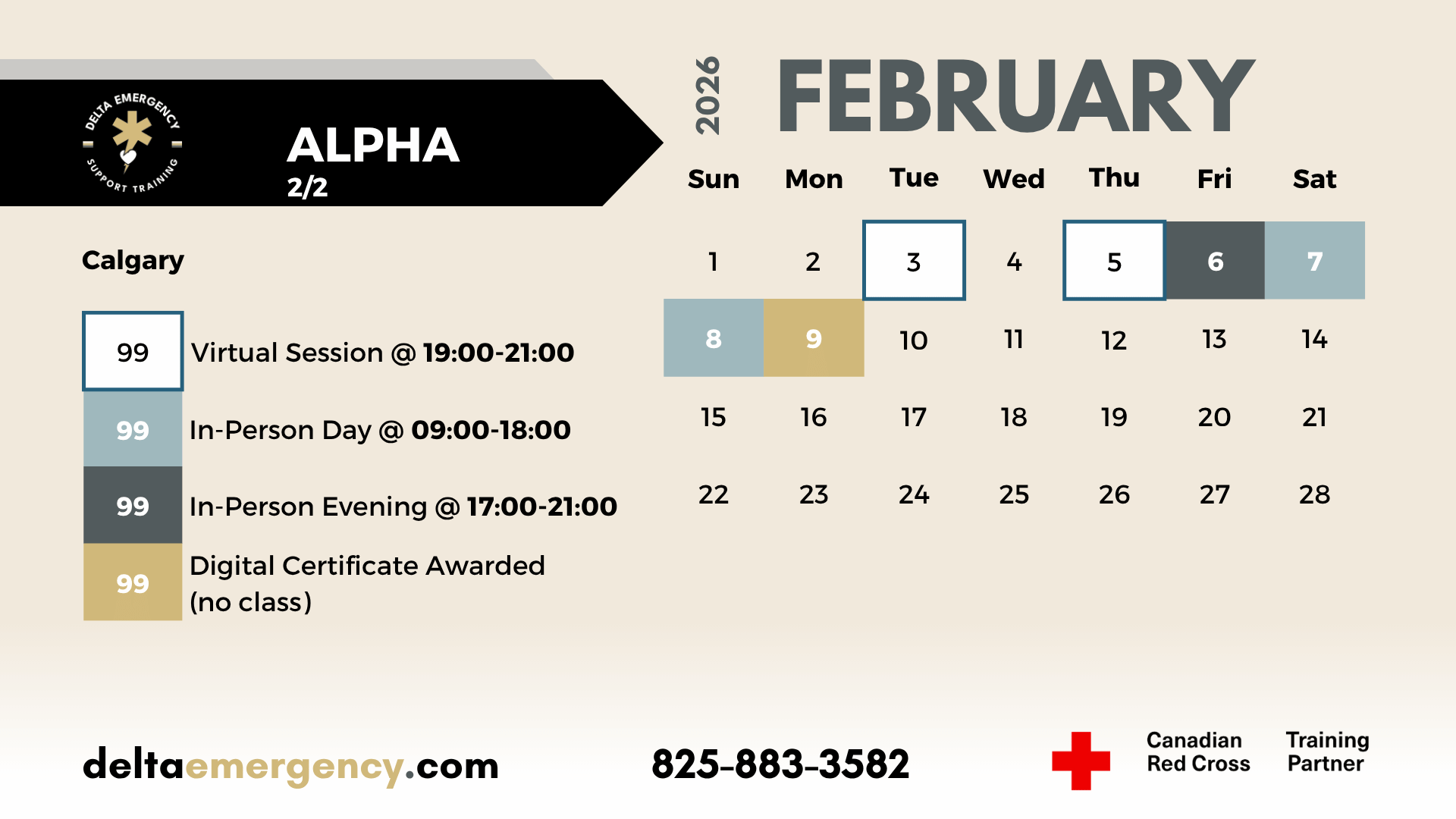 ALPHA February 2026 Advanced First Aid BLS CPR Calendar Delta Emergency Support Training and the Canadian Red Cross.png