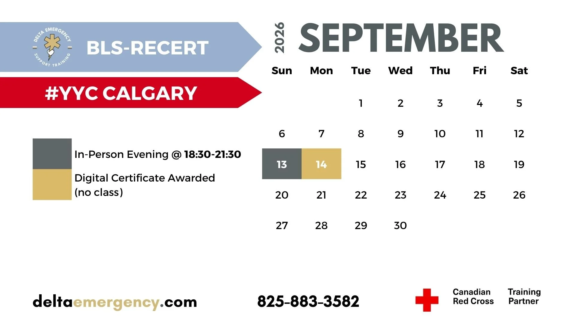 BLS-Recert Calgary September 2026 Advanced First Aid BLS CPR Calendar Delta Emergency Support Training and the Canadian Red Cross.jpg