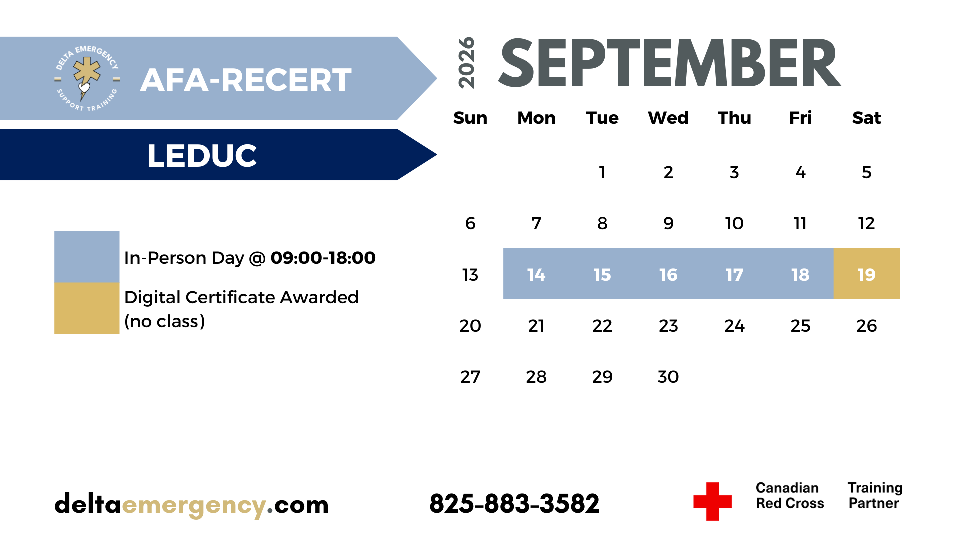 AFA-Recert Calgary and Leduc September 2026 Advanced First Aid BLS CPR Calendar Delta Emergency Support Training and the Canadian Red Cross.png