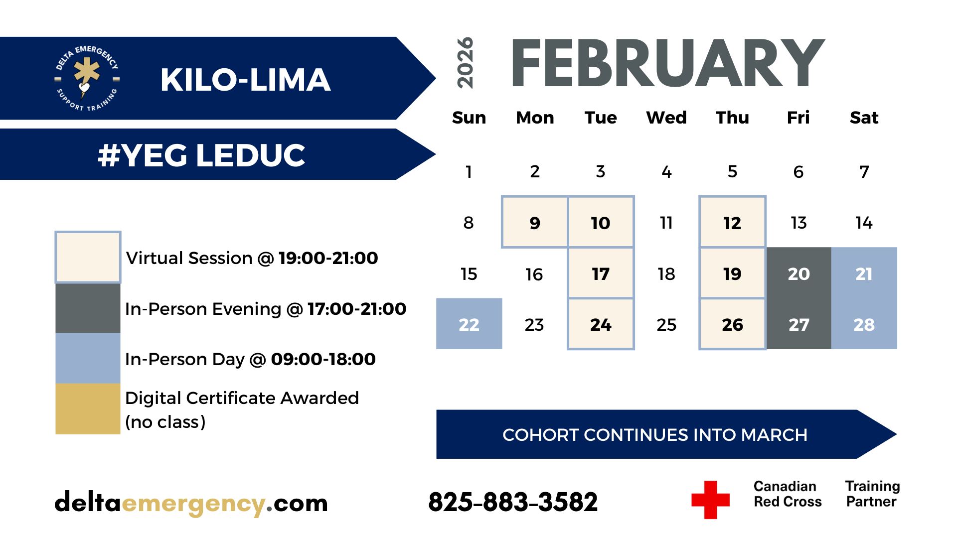 Kilo-Lima Cohort Edmonton February 2026 Advanced First Aid BLS CPR Calendar Delta Emergency Support Training and the Canadian Red Cross.png