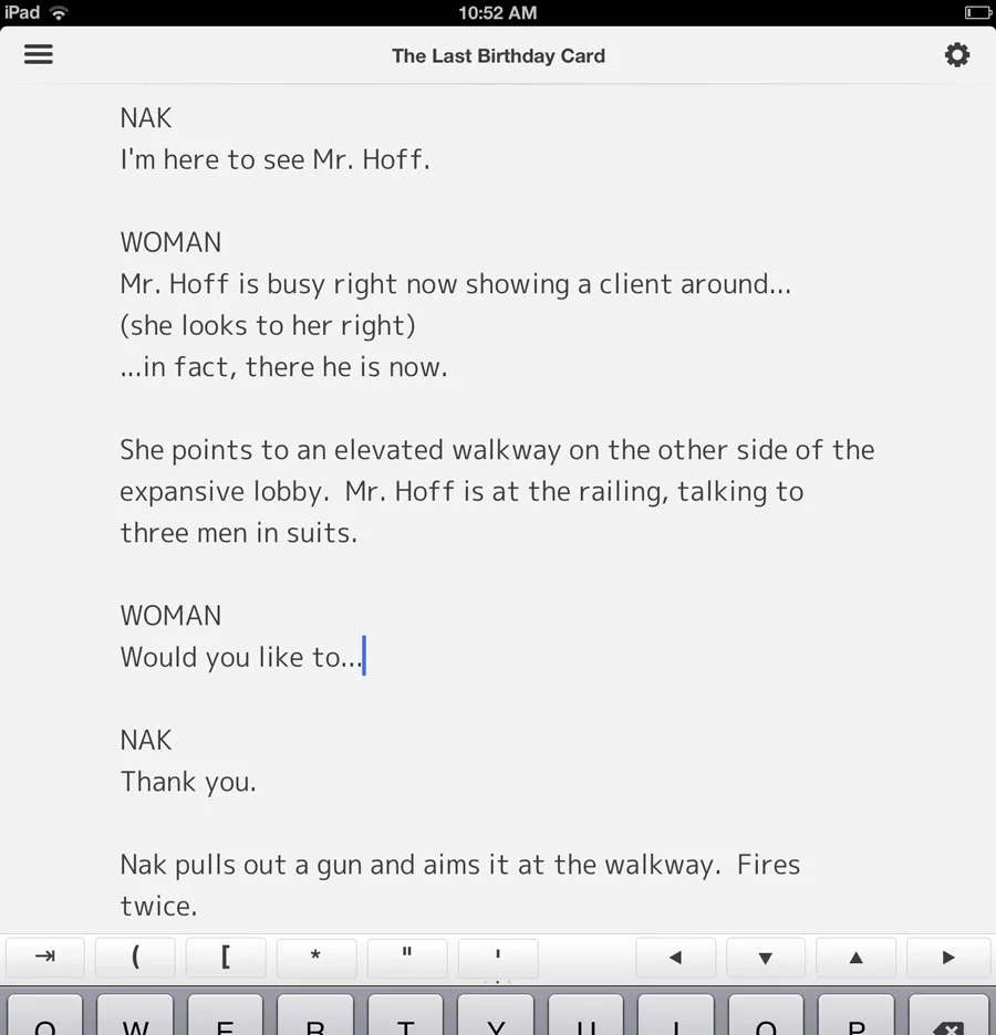 A Fountain-format screenplay in Byword for iPad