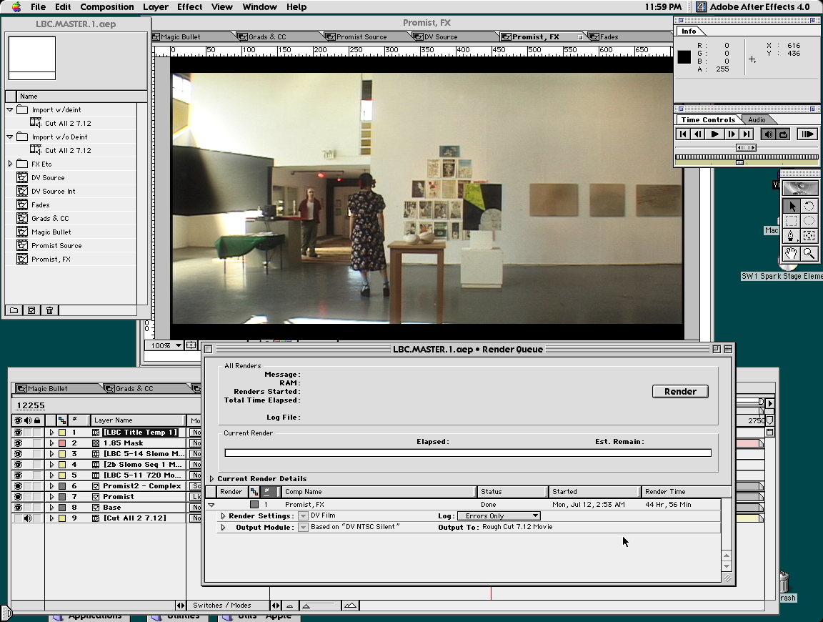 Rendering The Last Birthday Card in After Effects 4 on the blue G3 in 1999. Click to enlarge. Don’t miss the render time.