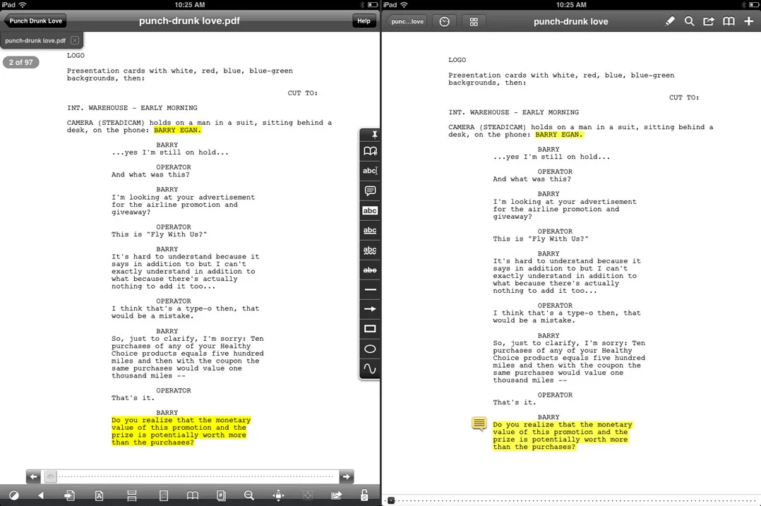 GoodReader on the left, PDF Expert on the right, both with their dismissible HUD UI’s shown. Click to enlarge.