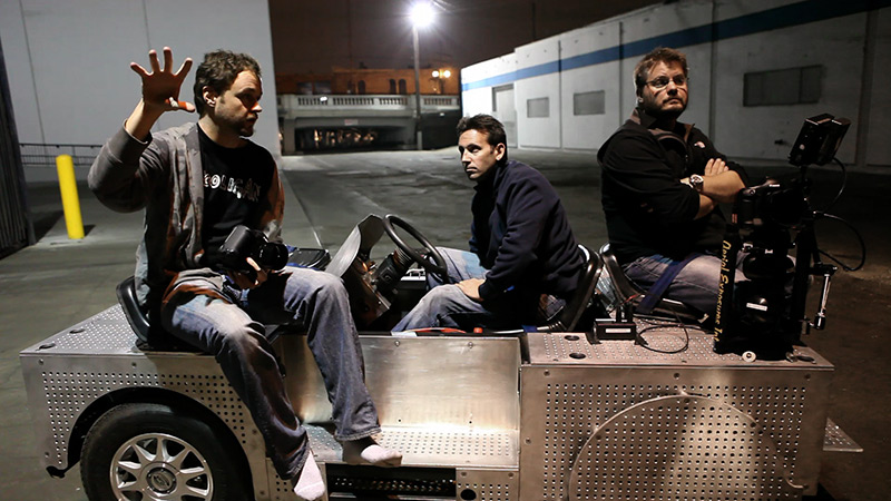 Me hand-holding with a Zeiss prime (having donated my shoes to actor Mark Smith for the loading dock sequence), GripTrix driver Aaron Hummel, and Vincent with his ATM Gyro rig