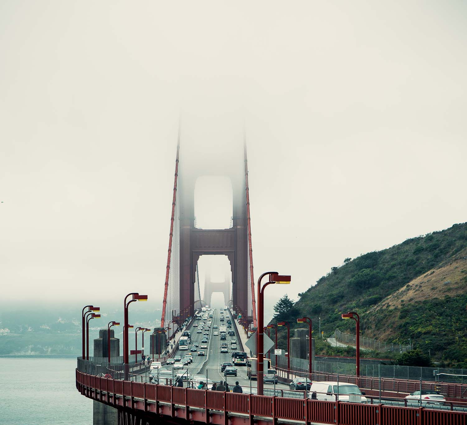 Dehaze doesn't work very well on this photo, which is fine, because, as is so often the case, it's the atmosphere that makes this shot interesting. By the way, at the Golden Gate, don't call it "fog" — it's a marine layer.