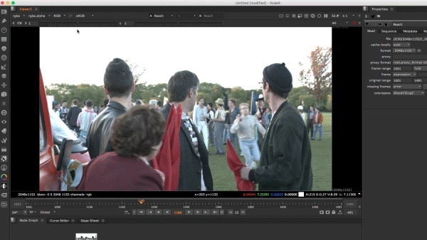 Reducing the exposure on this Alexa Log C frame in Nuke, viewing under an sRGB preview LUT, reveals the previously blown-out detail in the sky. Screen capture courtesy of Dan Sturm.