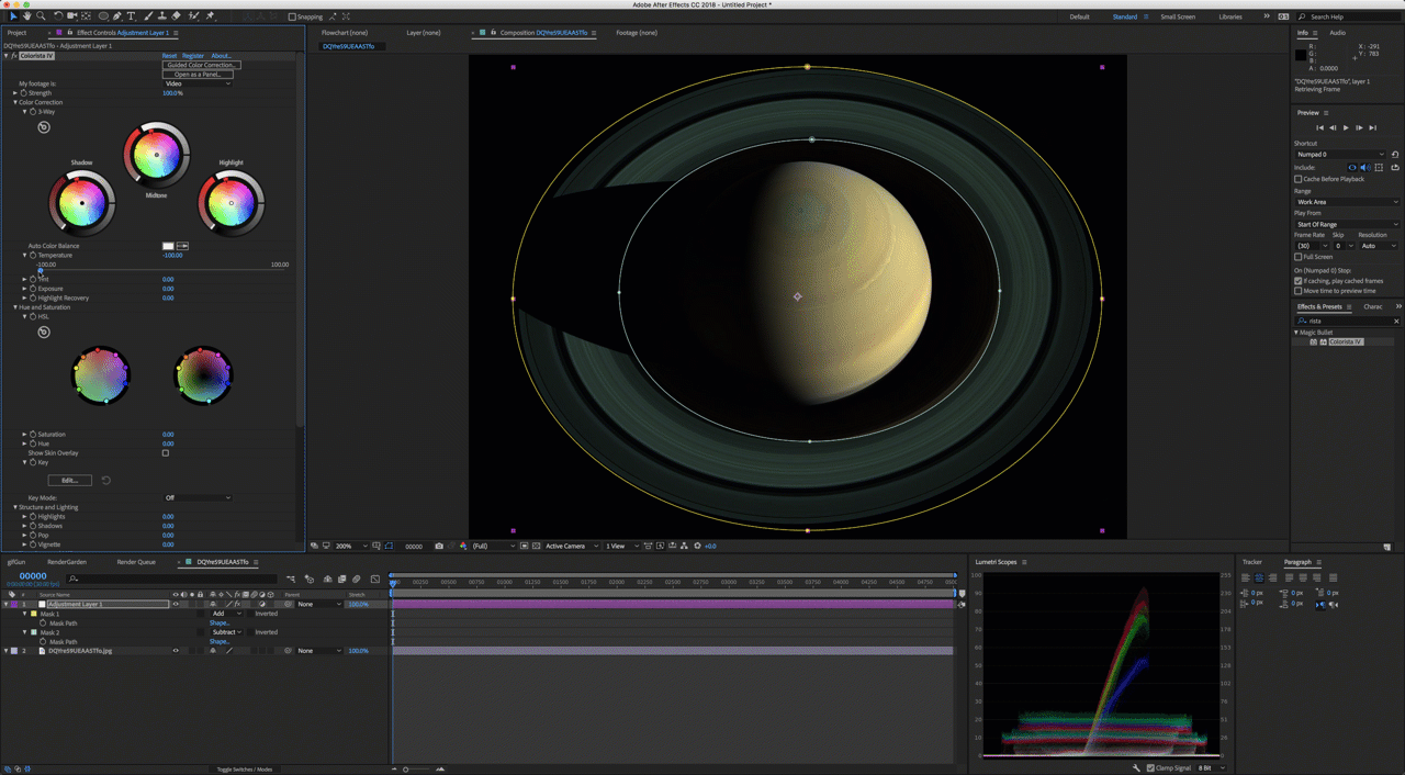 If you want to color correct Saturn's rings, but not Saturn, you'll need something other than Premiere.