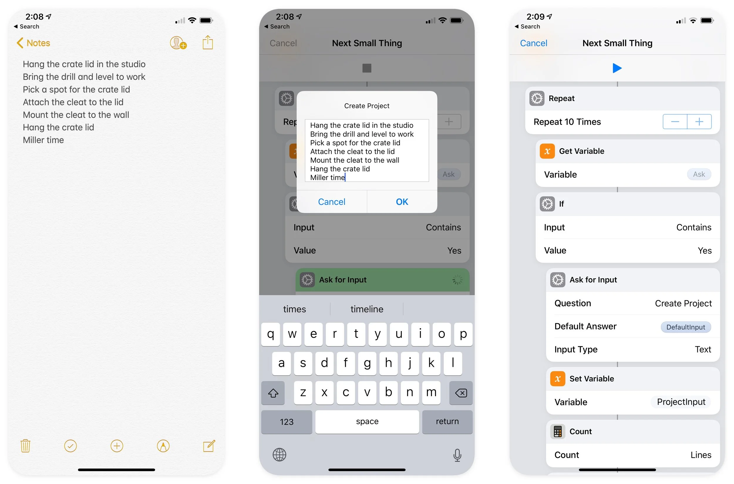 If you send text from Notes to my Next Small Thing shortcut, you’ll see the actions of the shortcut displayed behind the text field. If you press Cancel, you’re left staring at the equivalent of source code.
