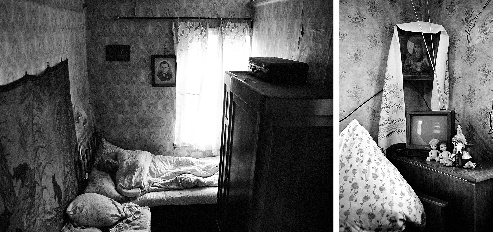  A retouched photo, taken at his graduation from the Pedagogical College when he was 27, along with a traditional tapestry depicting Shishkin’s painting “Morning in a Pine Forest”, has been hanging in the same place over his bed for more than 40 years. * * * A decorative towel hangs over the household religious icon as it was on the day of my grandmother’s funeral. Neatly arranged dolls from my mother’s childhood silently witness the passage of time and the change of generations.