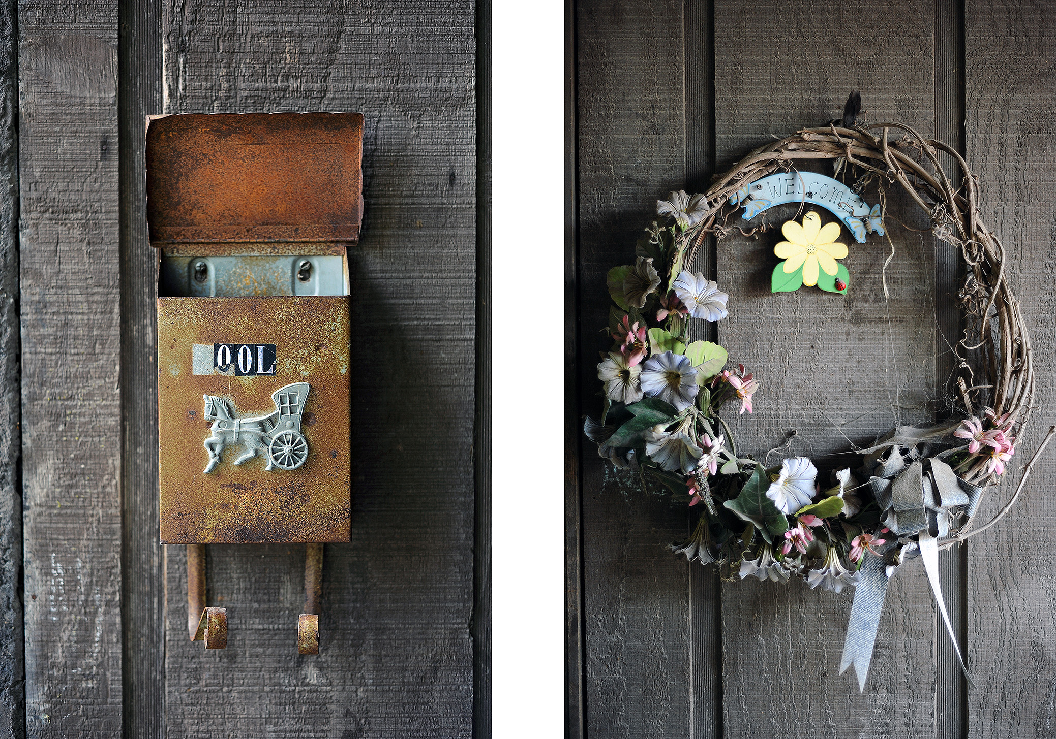 Mail box and Welcome wreath covered with spider web on the facade of their house.
