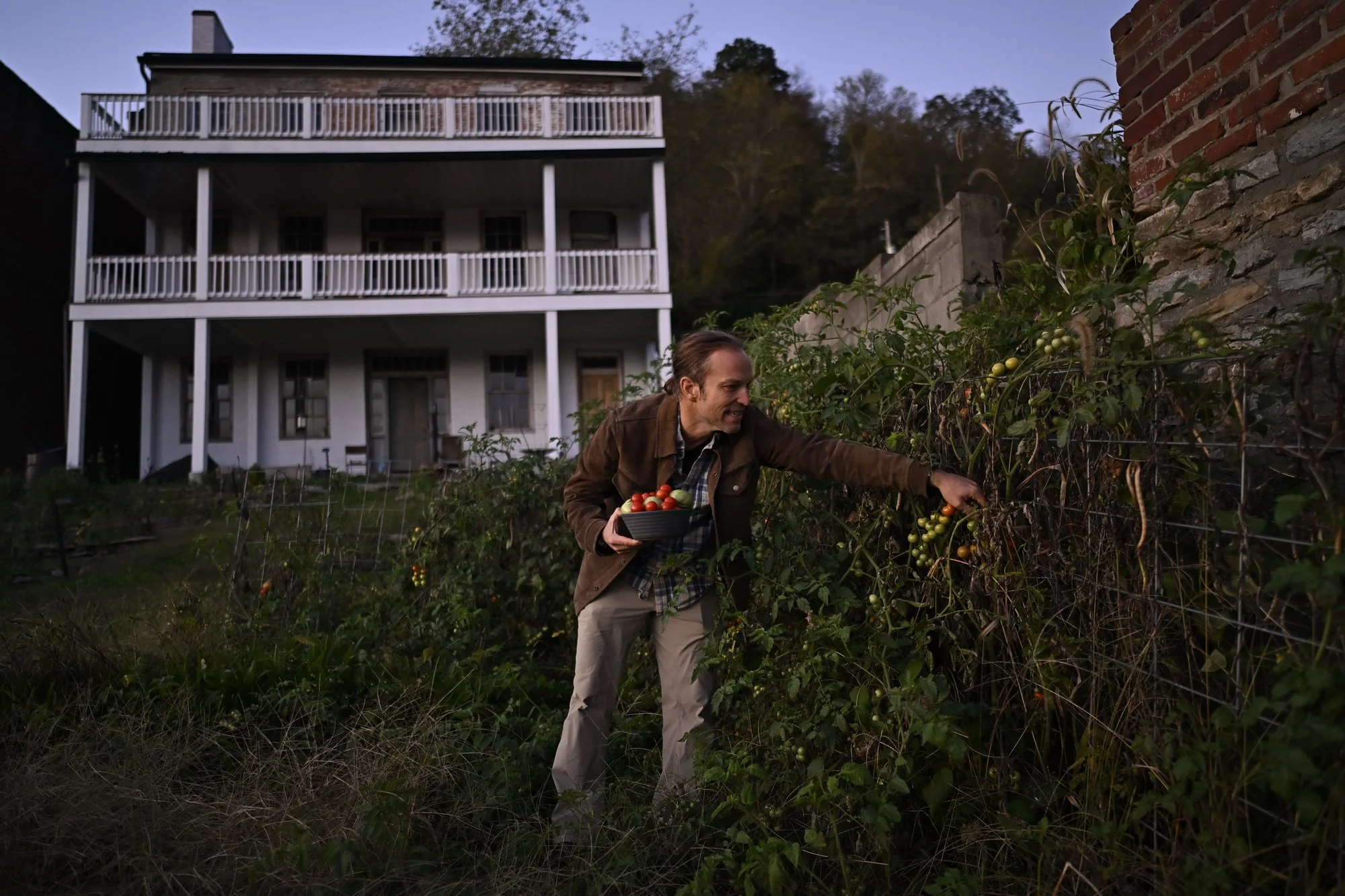   John Meng, 46, picks tomatoes from the garden  attached to The Headmaster's House on Fourth Street in Maysville. The quarter-acre garden is a big part of the couple's nature-loving lifestyle, focusing on longevity and well-being. 