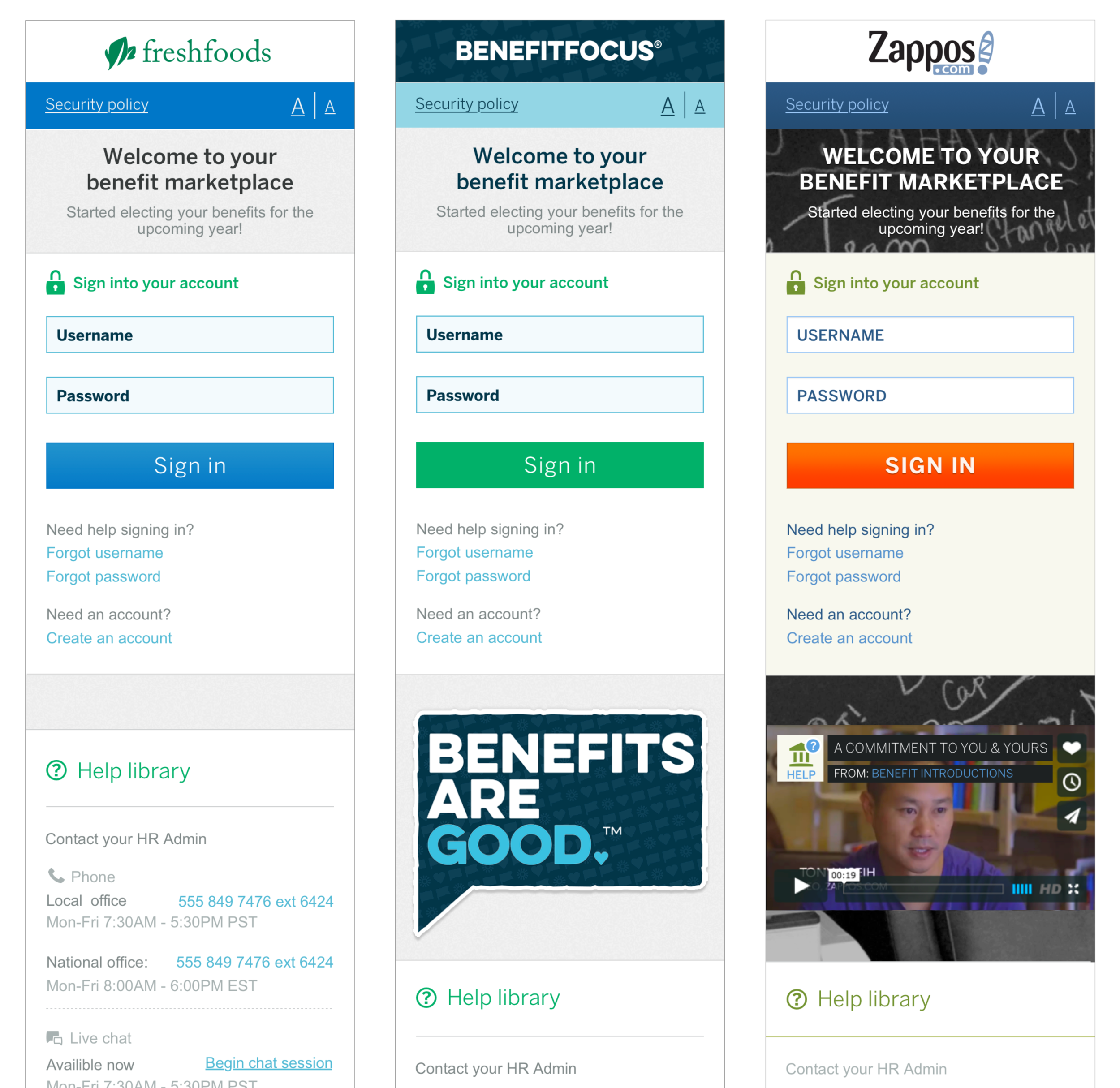  Mobile version of enrollment Sign in showing three variants of white-label branding. 