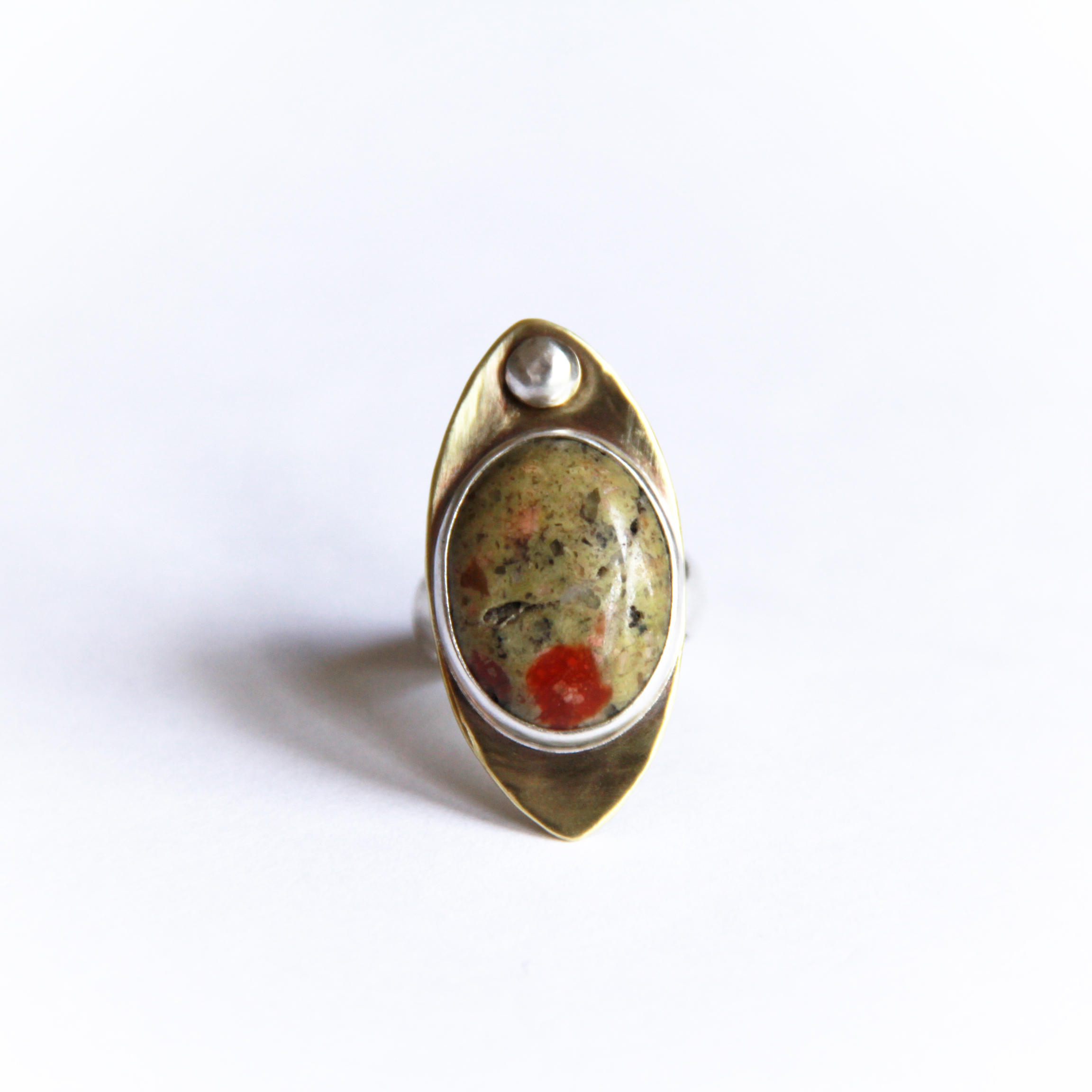 DAY TWO RING. JASPER, STERLING SILVER, AND BRASS. SIZE 6