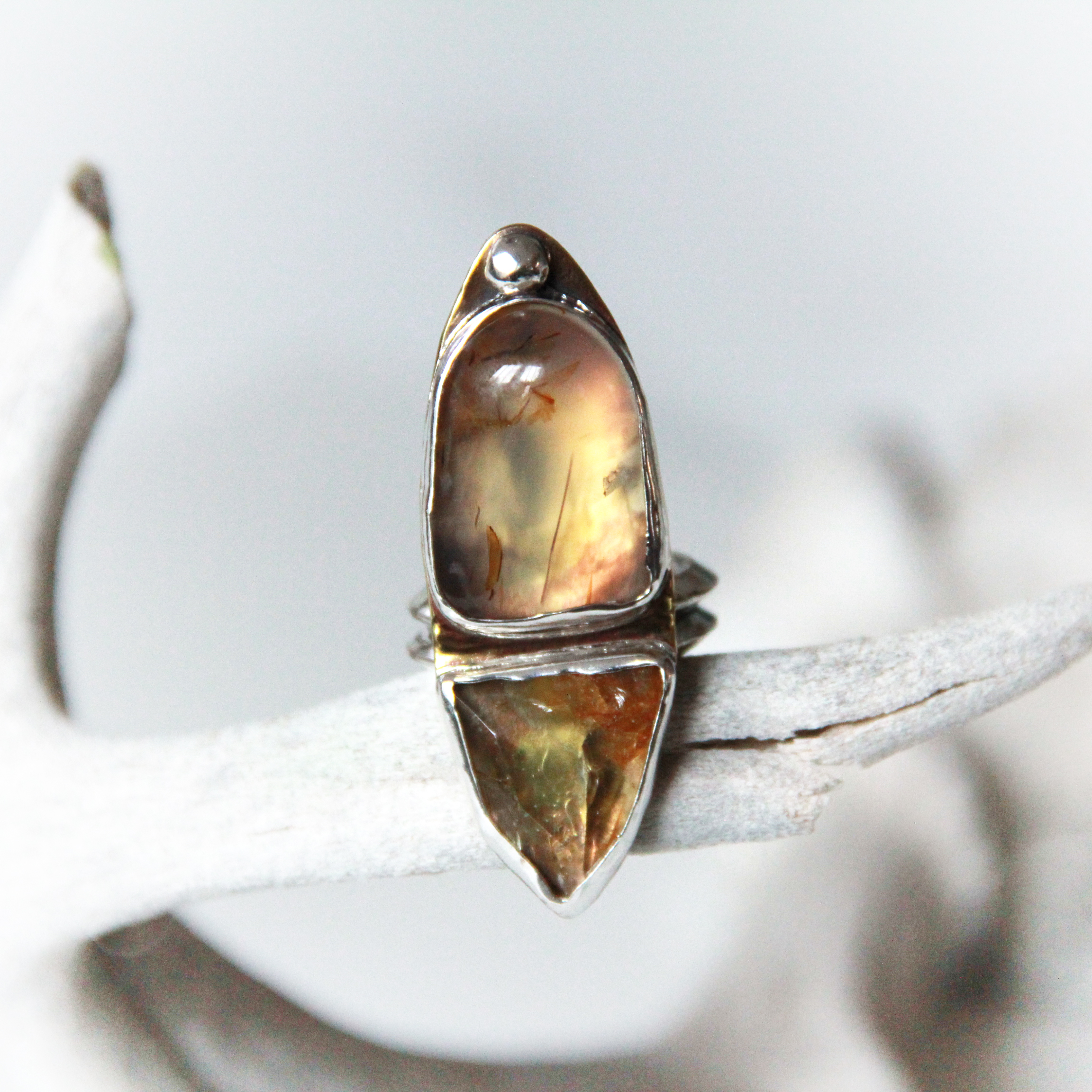 RUTILATED QUARTZ. BRASS. STERLING SILVER. SIZE 8. DAY SEVENTEEN RING. 