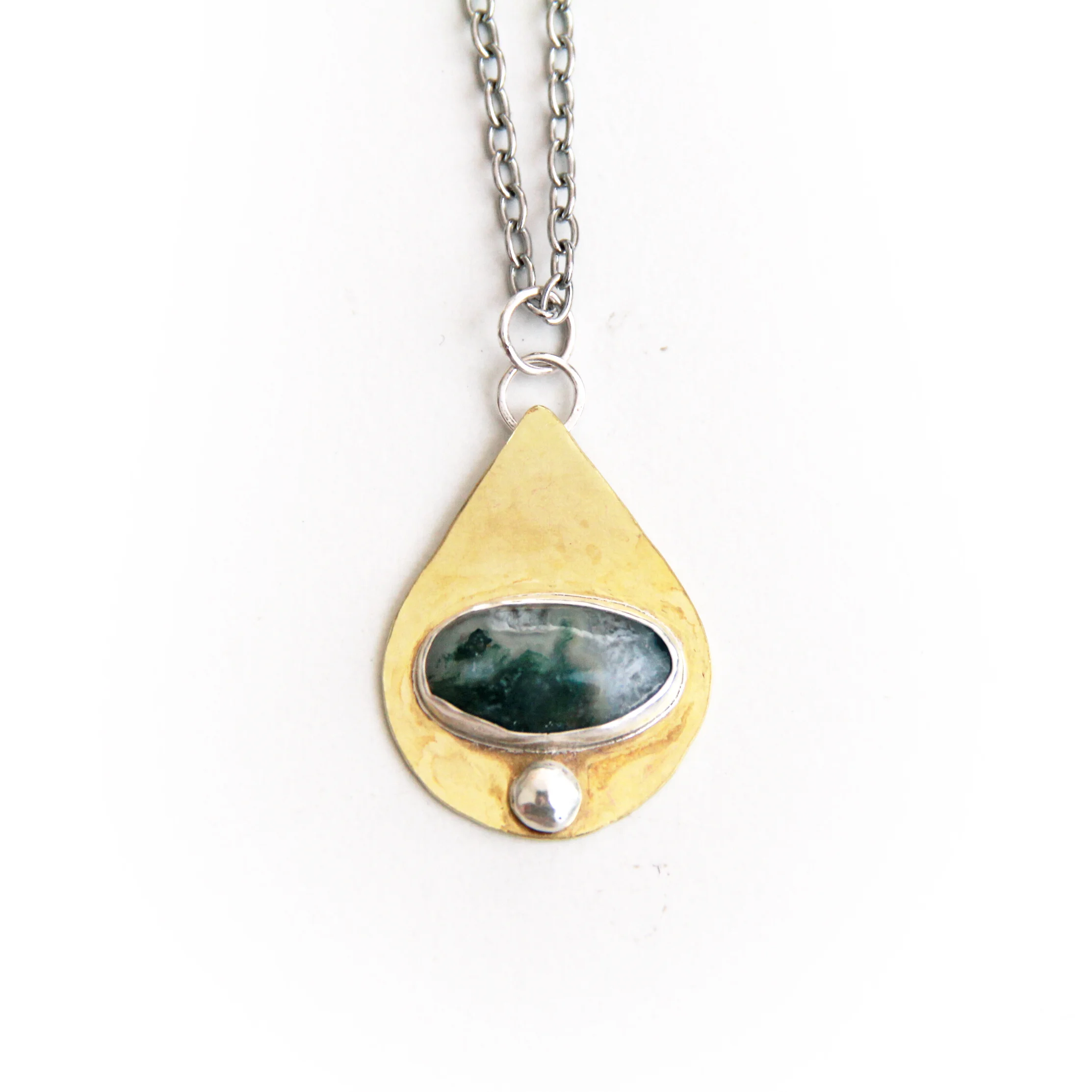 MOSS AGATE AND BRASS PENDANT