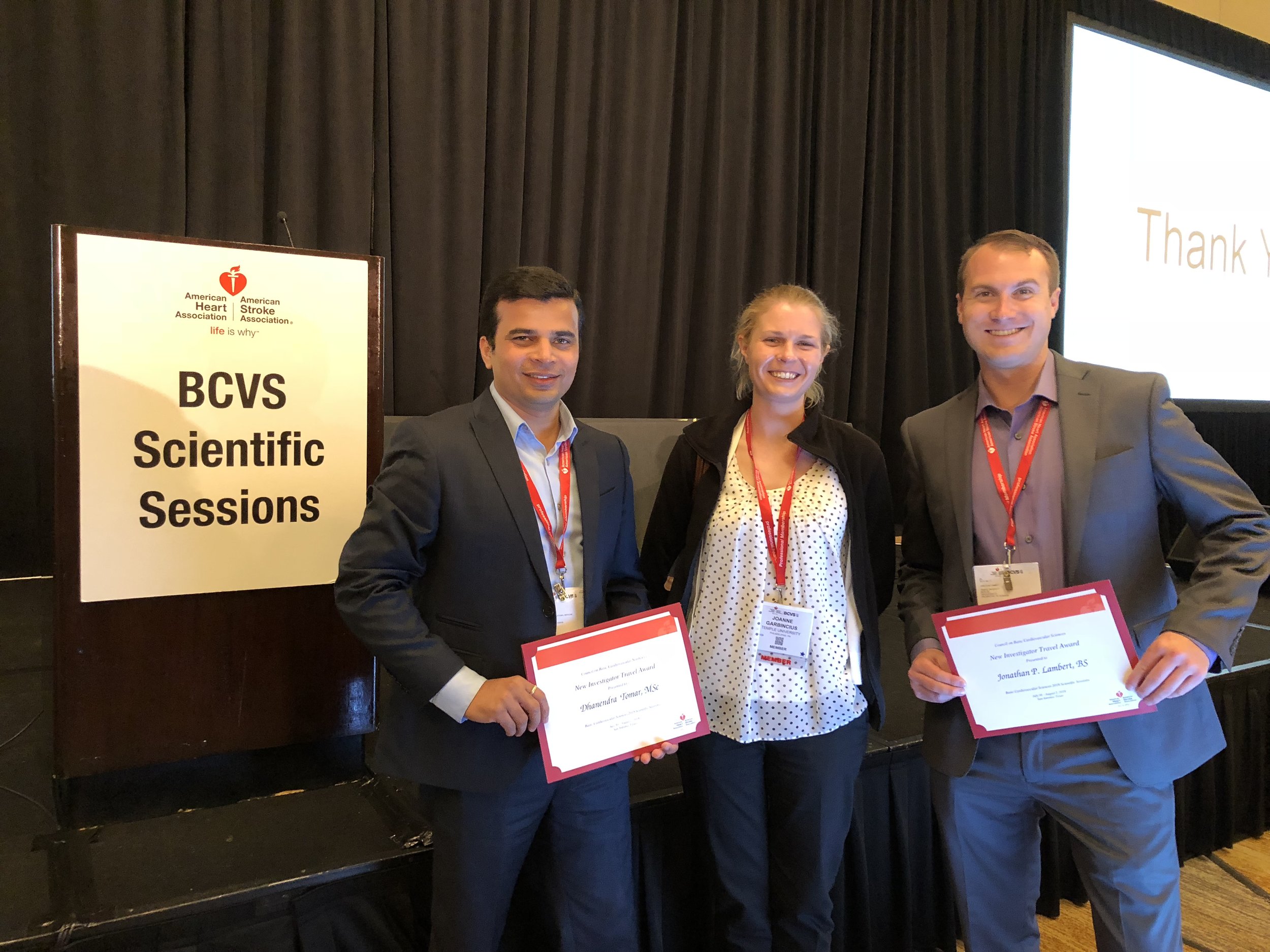 Elrod lab members - Dhanendra (left), Joanne (center), and Jonathan (right) after the BCVS dinner and awards ceremony.