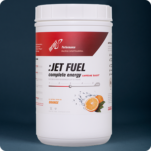 :JET FUEL Highly Caffeinated 1. The act or state rapidly; swiftness; quick motion 2. Swiftness of action. 3. The act of moving rapidly. No other product on the market is formulated specifically for the demands of going really fast. INFINIT created :JET FUEL specifically for the lactic acid bath that is SPEED. Higher percentage of INFINIT Glucose for energy and 125 mg of caffeine for fast absorption rates. Long chain glucose polymers and medium electrolytes eliminate any stomach distress during anaerobic efforts. INFINIT exclusive blend of three carbohydrate sources enables your body to process calories up to 40% more efficiently than other commercially made products available. :JET FUEL tastes great, even warm and will not sour in the heat. Remember, most everything tastes fine while sitting on the couch. The real test is how does it taste long into a workout and after it is warm. If it is not drinkable, you will not get the calories and electrolytes needed to perform your best. :JET FUEL blends three different carbohydrate sources (maltodextrine, glucose and sucrose) and enables your body to process calories up to 30% more efficiently than other commercially made products available. (Read more about caloric absorption rates). : T FUEL's exclusive Electrolyte Blend is composed of Sodium chloride, Potassium chloride, Magnesium gluconate and Calcium gluconal. Developed by INFINIT staff nutritionist Kim Mueller MS, RD., this perfect blend of these essential salts gives the athlete everything they need for racing or training. There is no need to supplement with salt tablets or have to juggle pills while running, paddling or riding your bike. · :JET FUEL has 125 mg of pure pharmaceutical grade caffeine to power you through the hardest workout. :JET FUEL is made with 100% all natural ingredients with zero artificial flavors, sweeteners or colors. 16,Serving $39,99 1, serving $2.99