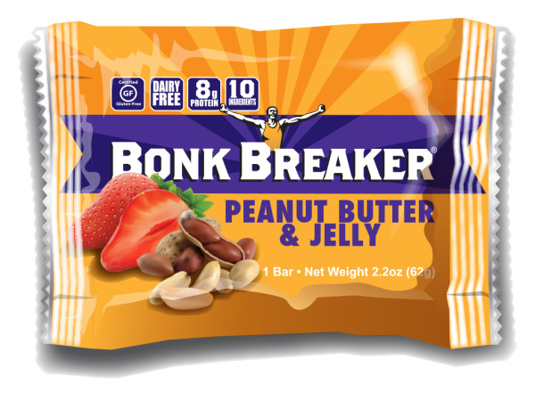 Bonk Breake 12 Bars (2.2 oz) per box The Bonk Breaker original PB&J Energy Bar is just like mom used to make. Side effects: Big smile, giggle and PR in your next race. As always at Bonk Breaker, our bars are made with non-GMO, REAL ingredients that are gluten free & dairy free. Salted Caramel, Coconut Cashew, Peanut Butter & Chocolate Chip, Almond Butter & Honey, Peanut Butter & Banana, Apple Pie, Espresso Chip, Blueberry Oat, Fig.