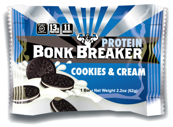 Cookies & Cream Protein Gluten Free 12 Bars (2.2 oz) per box We’ve taken our childhood favorite Cookies & Cream and transformed it into a decadent Bonk Breaker Protein Bar that you can guiltlessly enjoy. Packed with creamy white chocolate and crisp cookie chunks (gluten free of course), it’s a protein bar that doesn’t taste like a protein bar. 