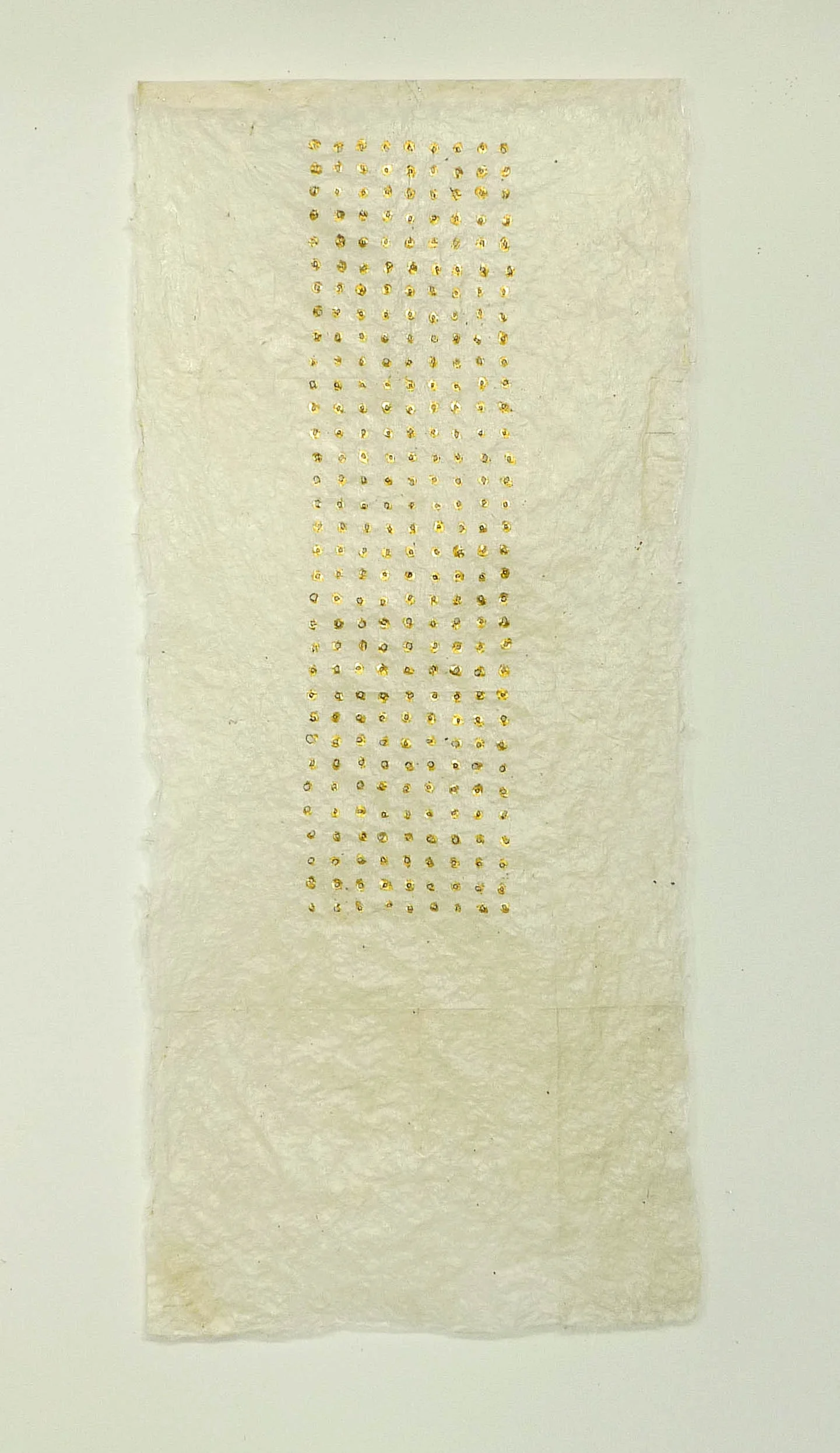 Evidence, 2016, gold leaf and sunlight (with magnifying glass) on Nepalese paper, 53" x 23"