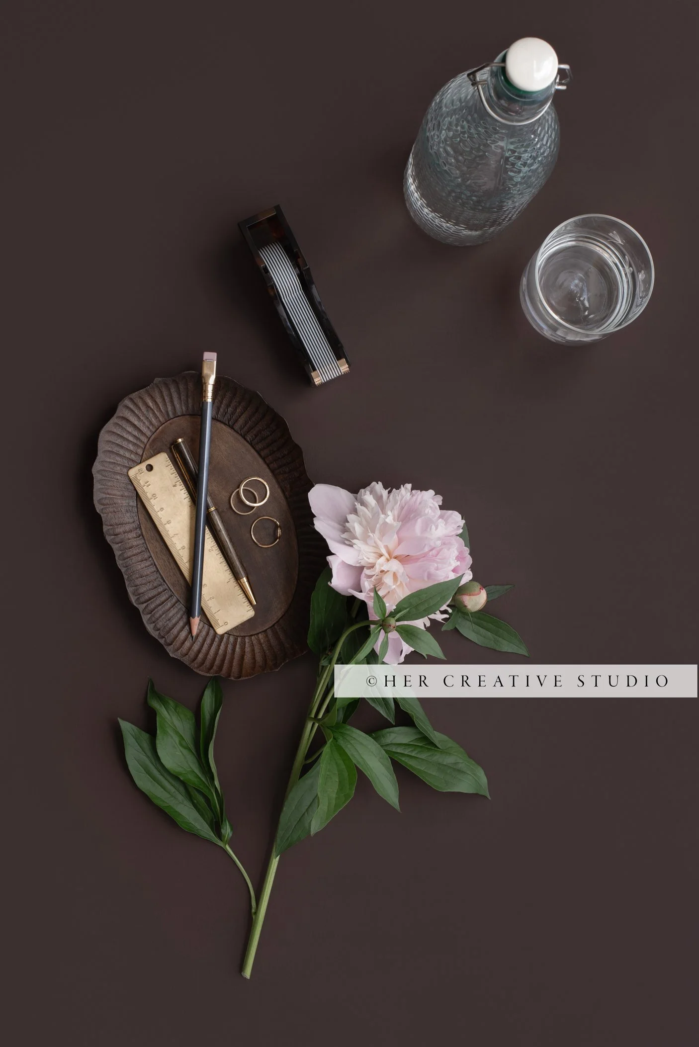 Brown Tray, Water & Peonies Stock Photo