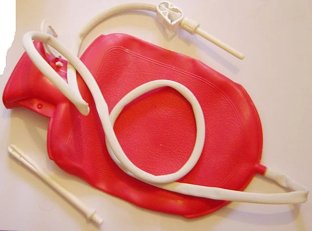 This is one example of an enema kit. They come in a variety of shapes and sizes. The bag or bucket style is appropriate for adult use only. Coffee enemas should not be performed on children.
