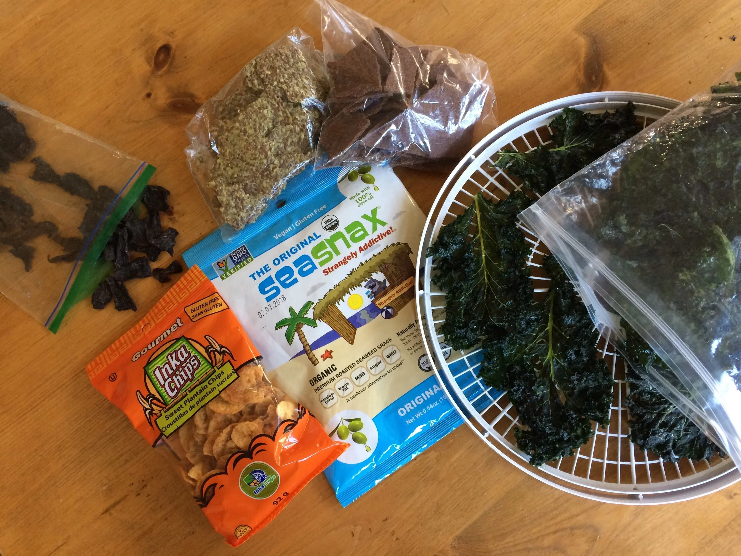 Here are my dehydrator snacks, plus a couple of items from the store.