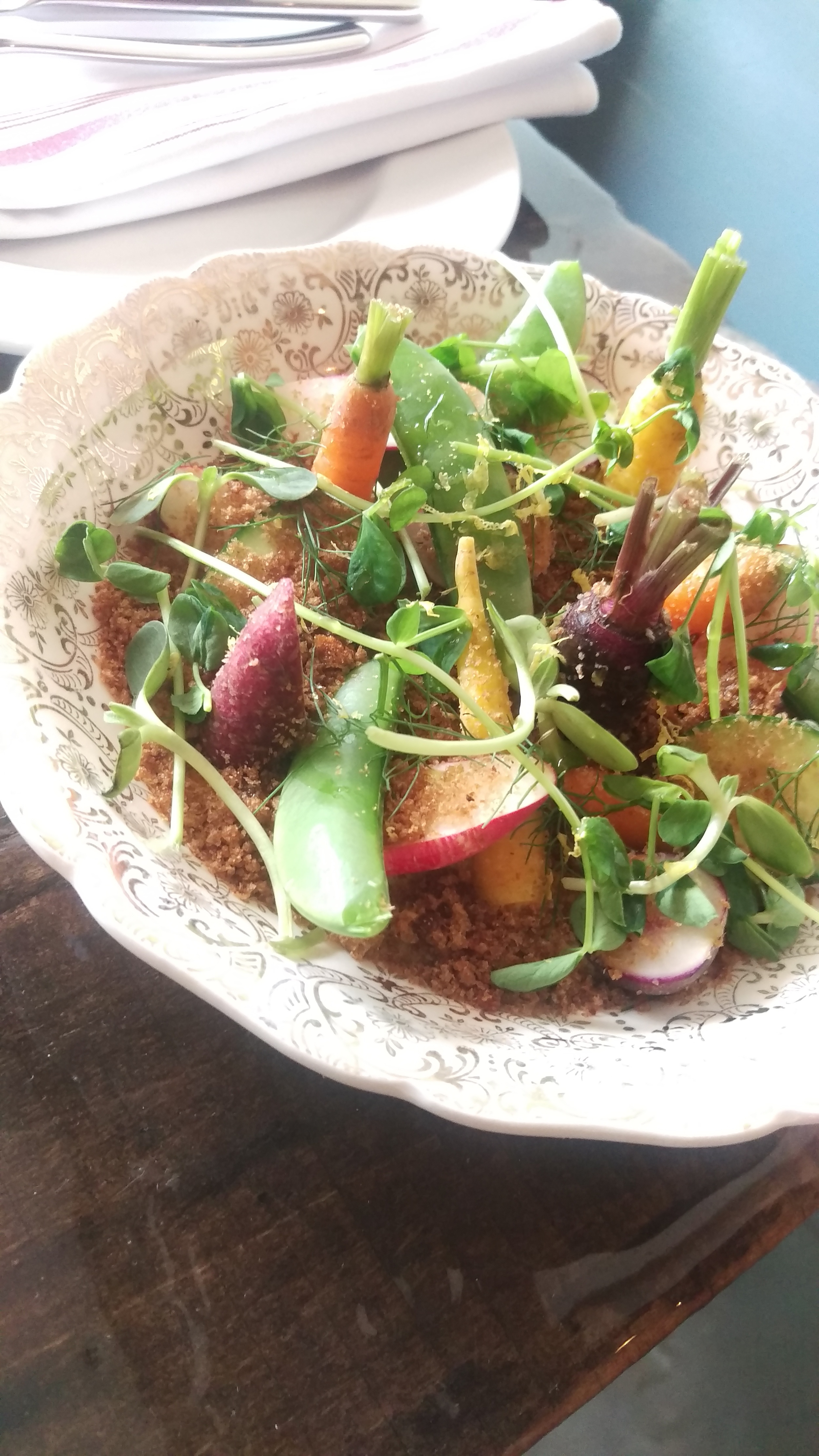Veggies From The Garden - there's nothing better than that first bite of the first carrot that you grew in your OWN garden. It's so fresh, so satisfying, and a great way to start the meal. Chef Sean plays on that with this dish - local veggies in a cool bagna cauda of milk, anchovy, and almond, topped with crumbled rye. 