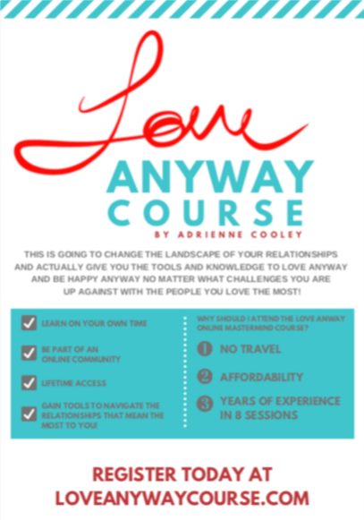 While the book won't be available until the release date, consider joining Adrienne for an amazing 8 lesson Love ANYWAY course that will be coming soon! Click here to buy this happy (: