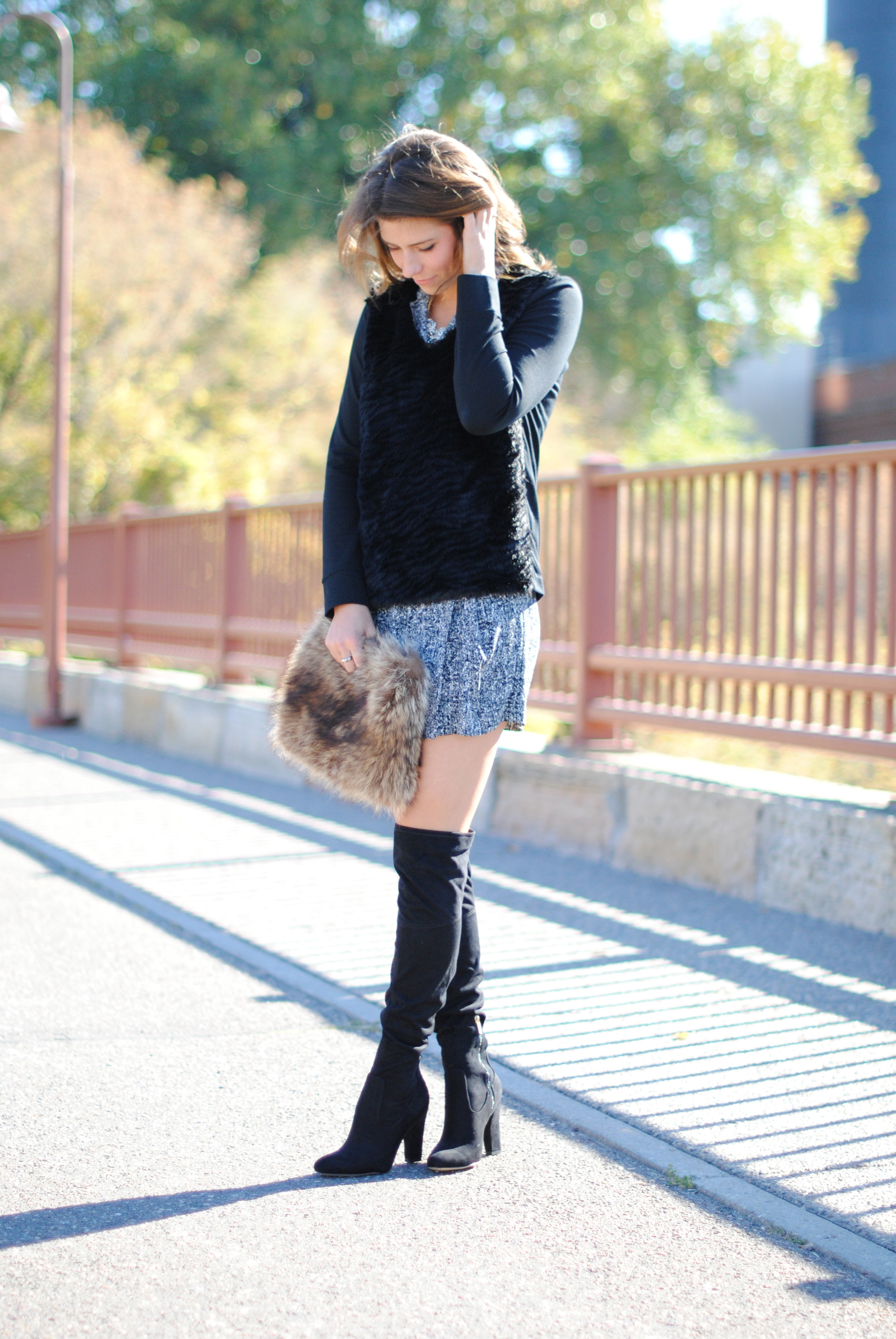 Sandro drop waist dress (sold out), alternative here and here Club Monaco sweater, alternative here Over the knee boots Vintage fur purse (sold out), almost exact alternative here