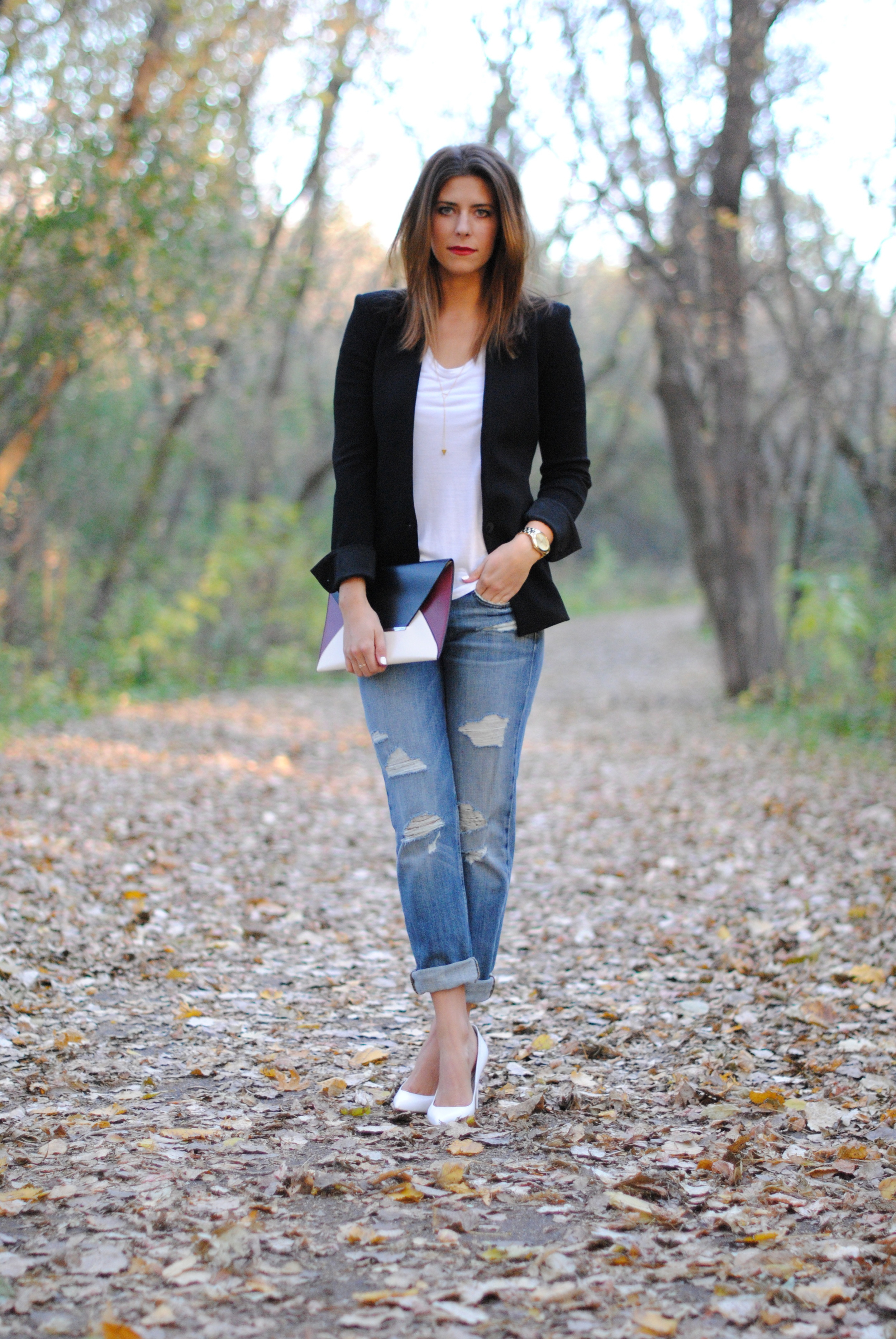 Helmut Lang blazer Helmut Lang t shirt Boyfriend jeans Topshop pumps , similar here and here BCBG clutch, similar here Lariat necklace Michael Kors watch