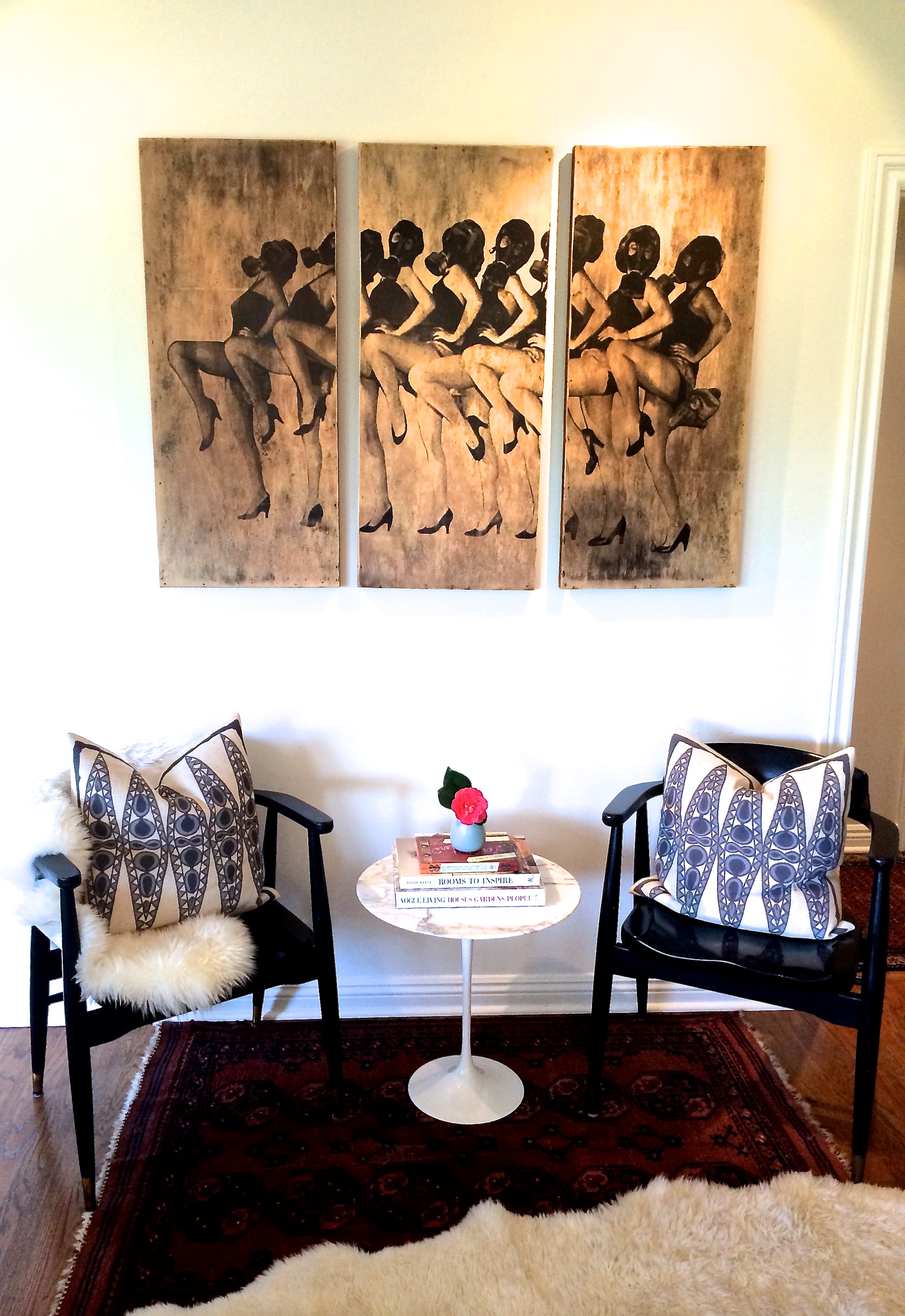 Chairs: One Kings Lane (vintage), Knoll Saarenin Side Table: Design Within Reach , Pillows: John Robshaw , Persian Rug: Vintage, Sheepskin Throws: Pottery Barn , Artwork: Beau Patrick Coulon , Bad Photography: Me! 