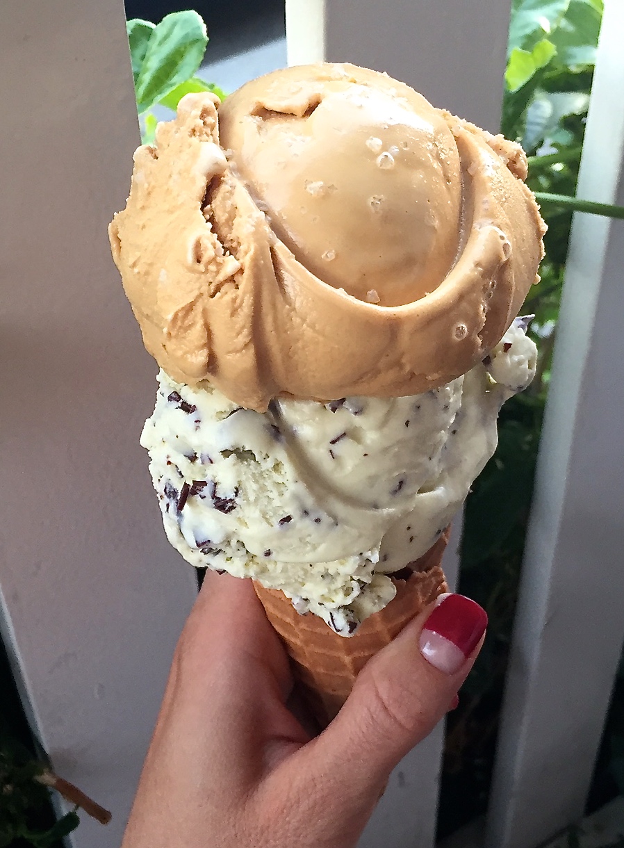 Salted Caramel topped with sea salt crystals and Fresh Mint Chip.