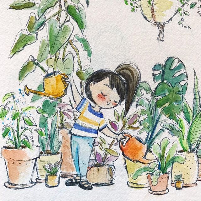 I love watering my plants. I find it so relaxing. Anyone else? Just me? 🙃 🌱  I painted this while at @holidaypdx , very much inspired by their plant-filled space.