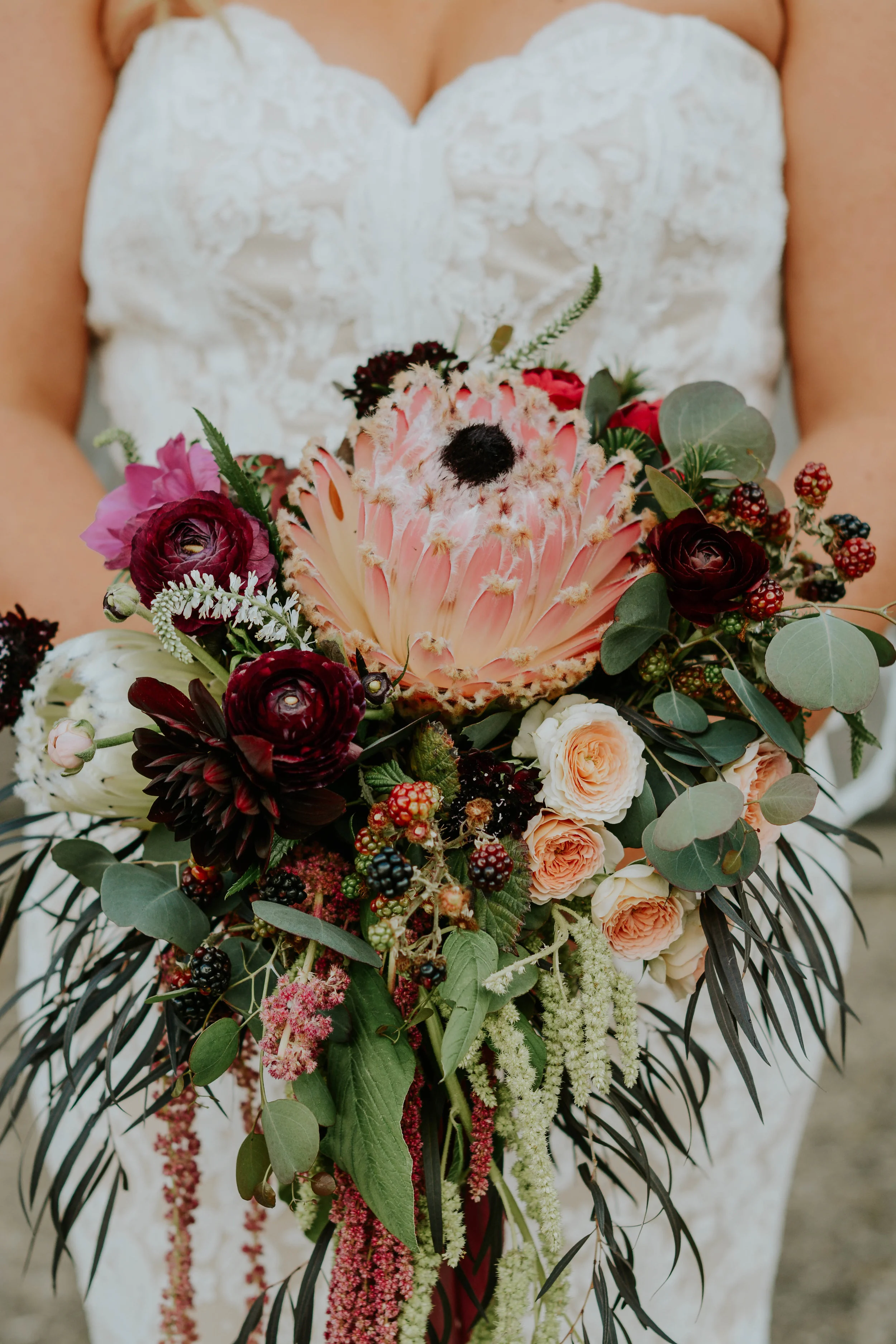 Bridal Bouquet with Protea, Garden Roses and Raspberries