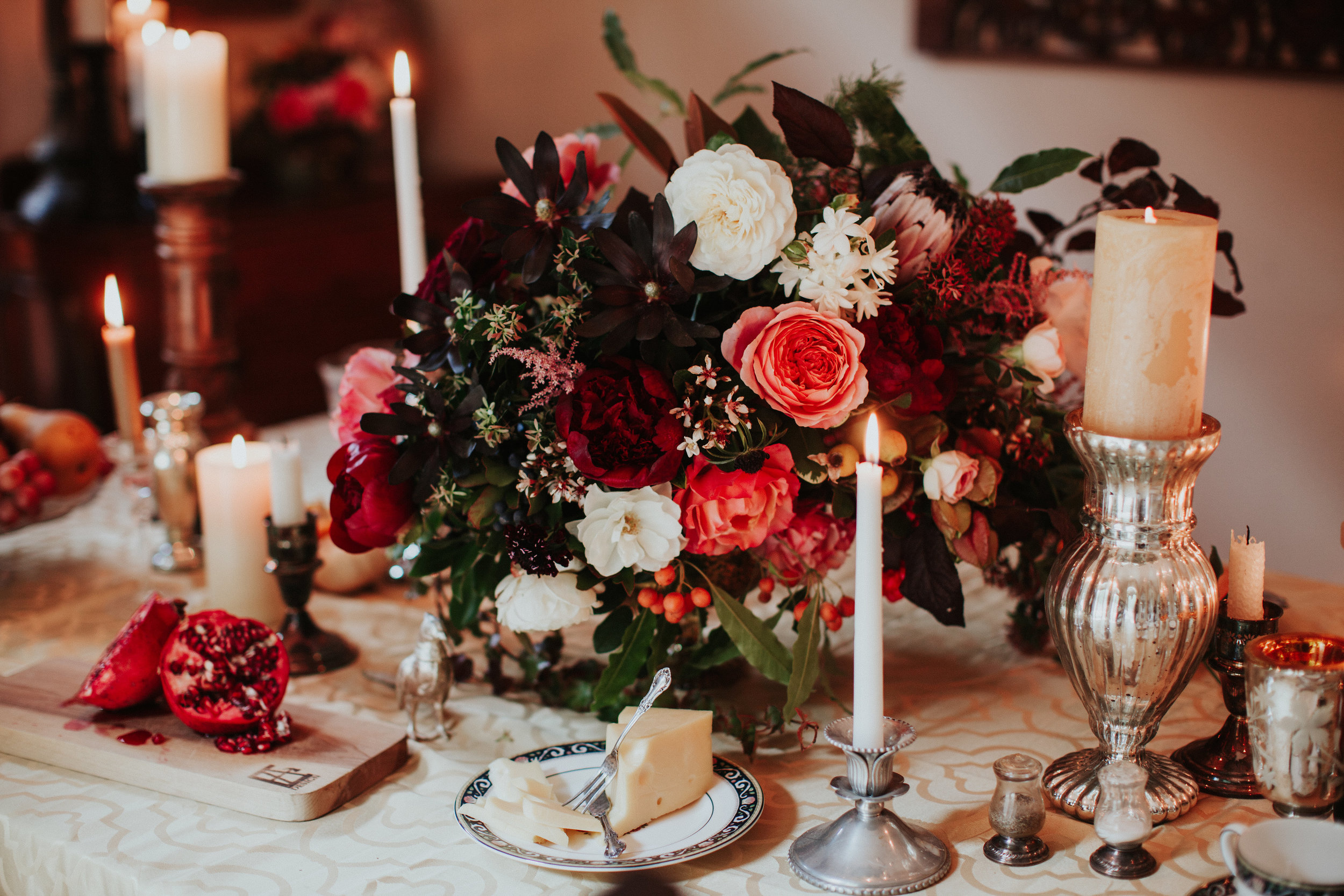 Large Centerpiece with Protea, Garden Roses, Peonies, rose hips and foraged berries