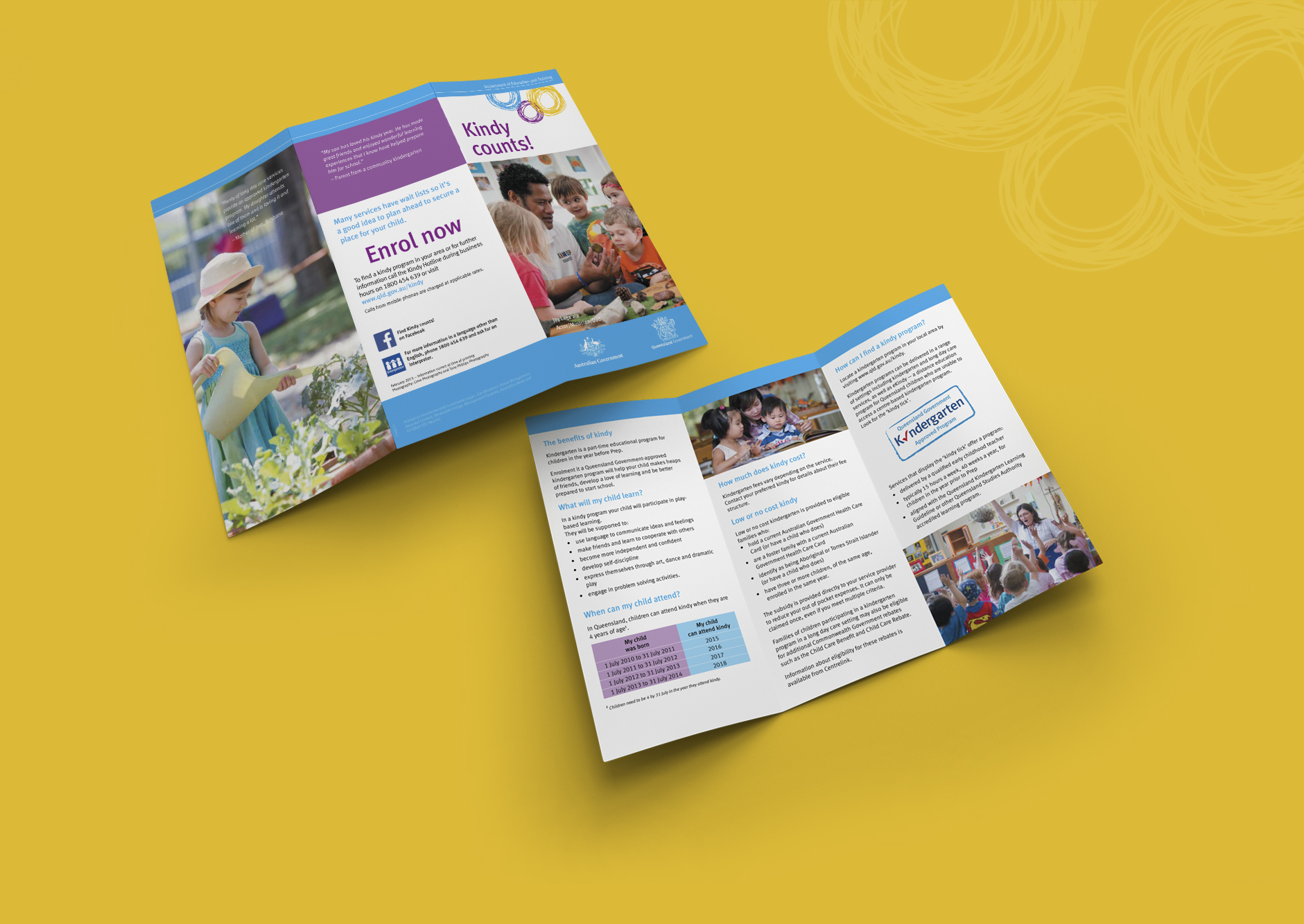CLIENT: Department of Education and Training, Queensland Government PROJECT: 'Kindy Counts' DL brochure, design and layout