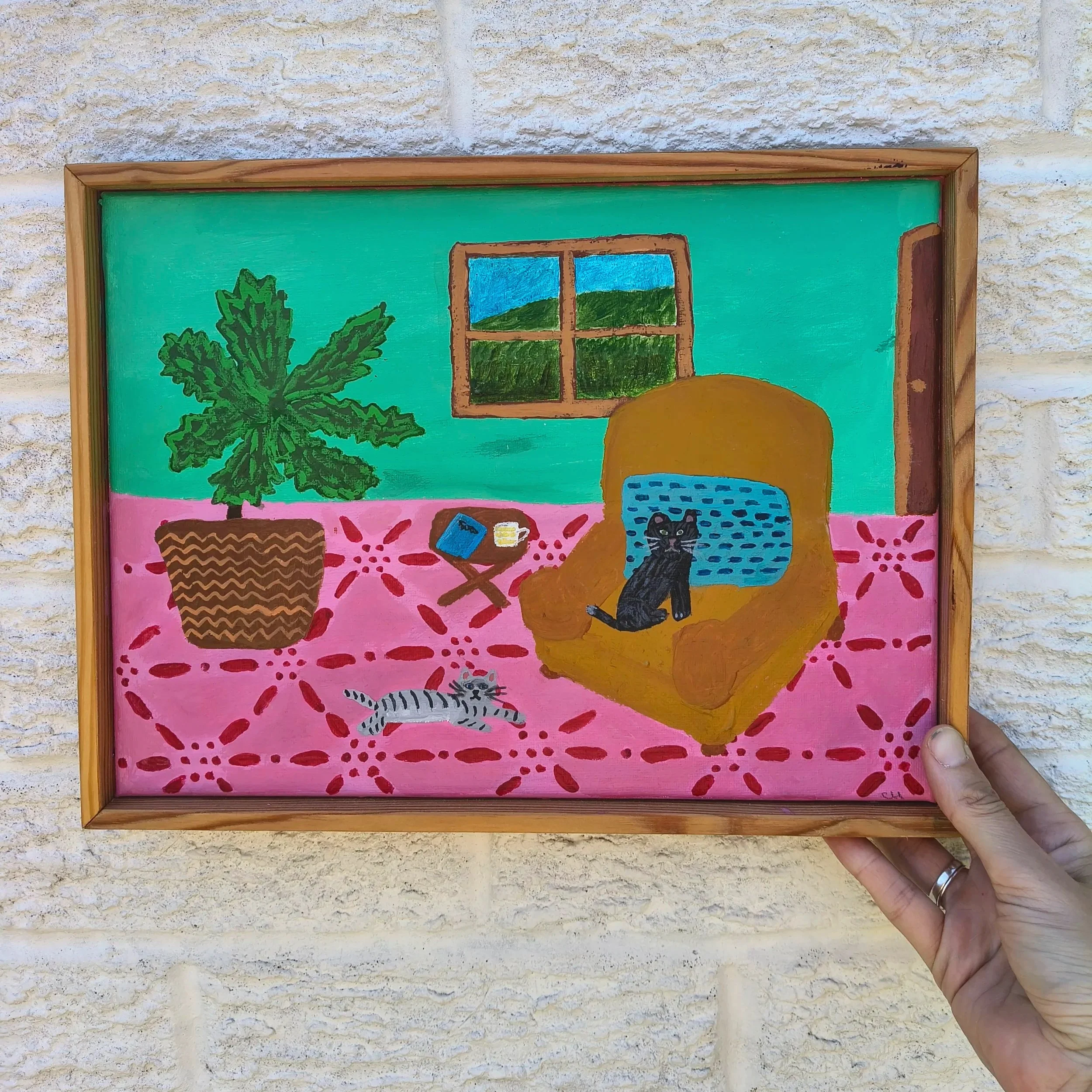 Lounging Cats - Framed Original Acrylic Painting