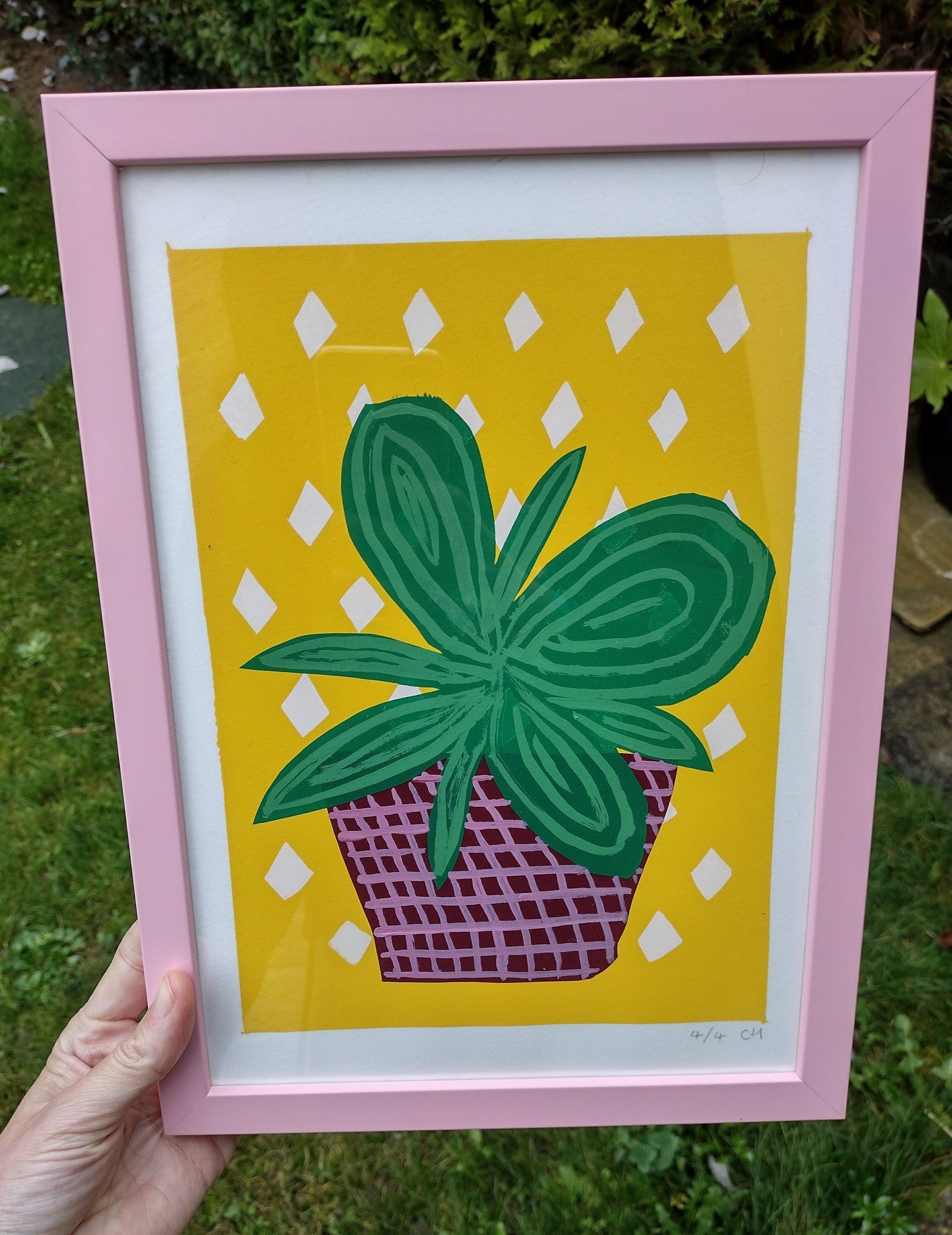 Diamond Checked Succulent - Screen Print & Acrylic Paint