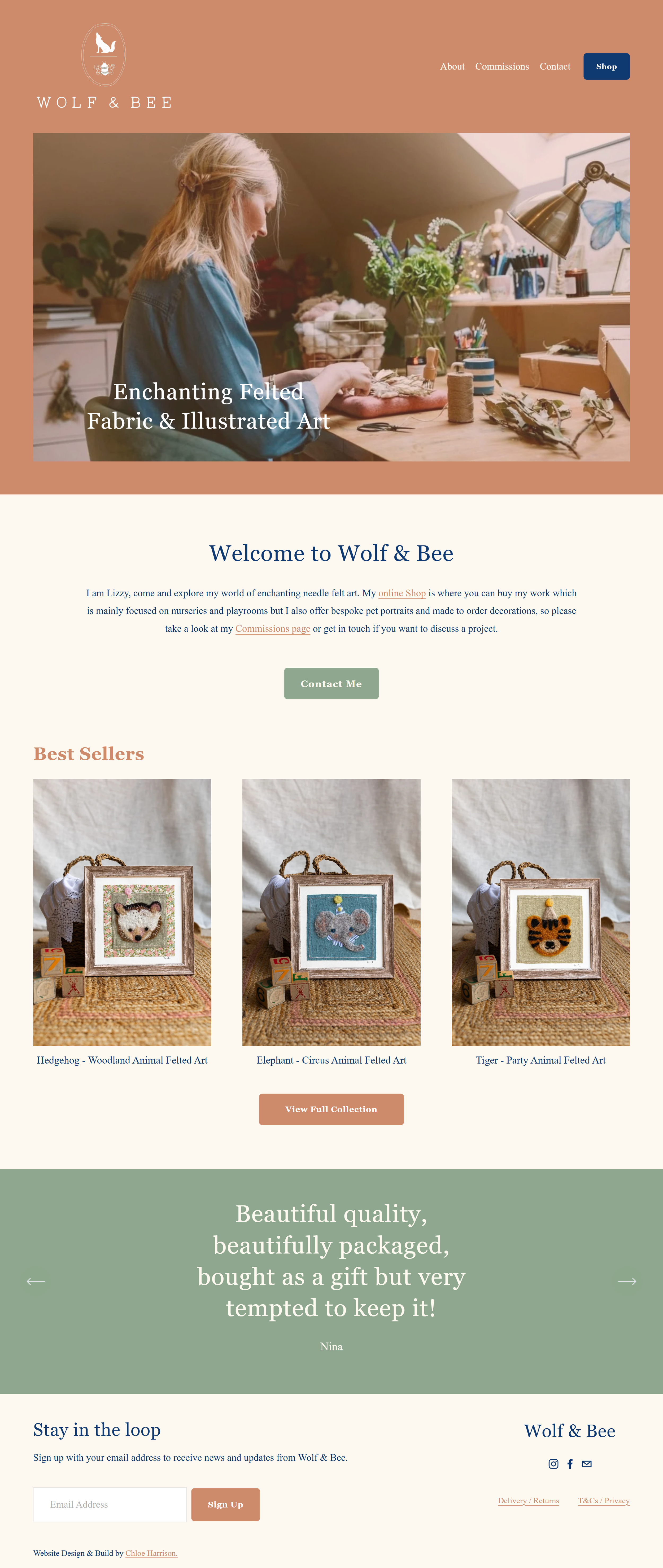 Homepage of Wolf & Bee website featuring a woman working on felted art at a craft table, with sections showcasing best sellers of felted animal art and client testimonials.