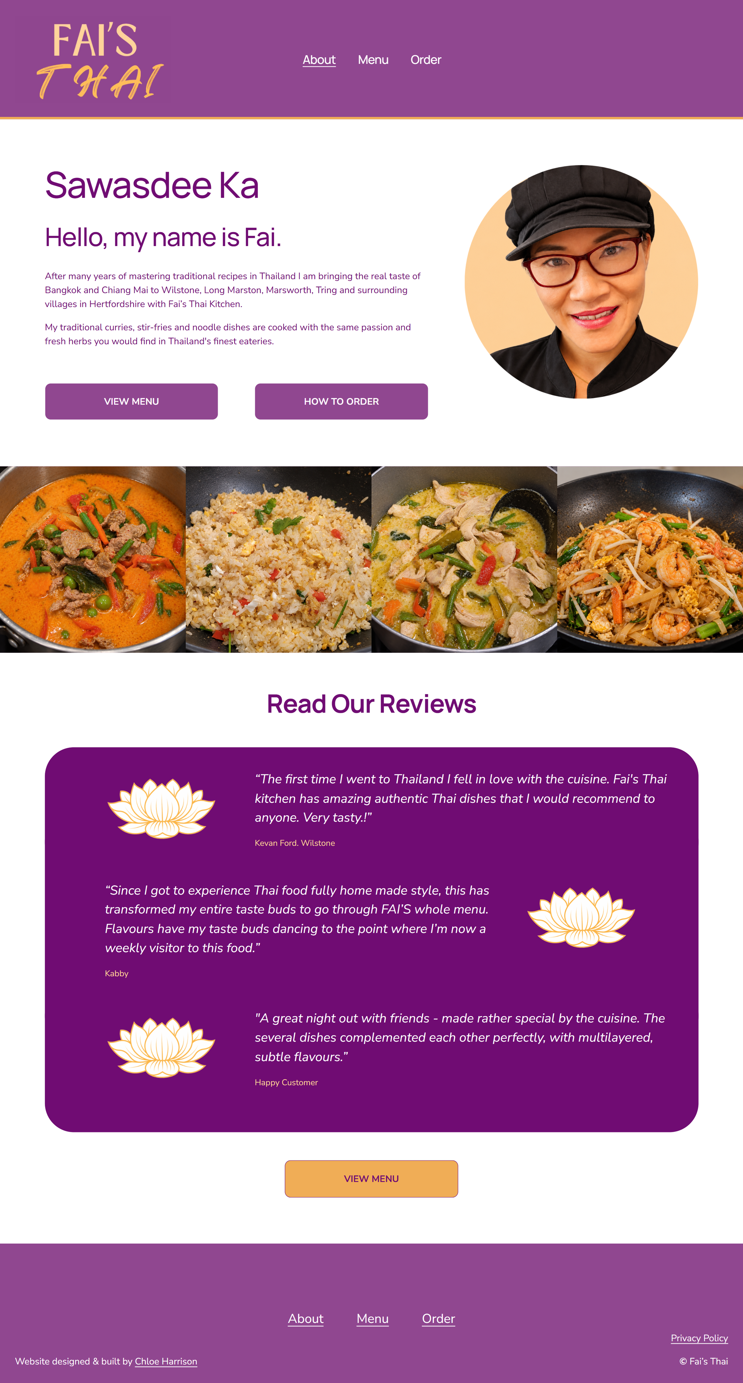 Screenshot of a Thai restaurant website with a purple theme, featuring a photo of a woman wearing glasses and a chef hat, menu images of Thai dishes including stir-fried vegetables, fried rice, and curry, and reviews praising the food.