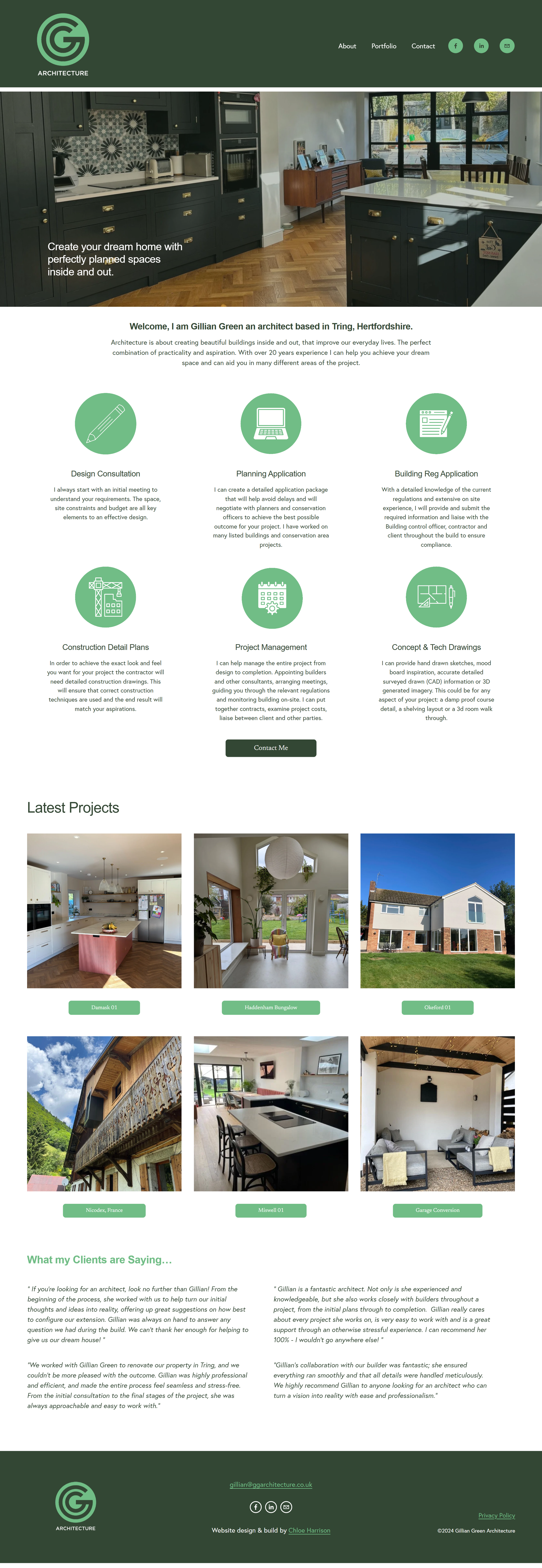 Screenshot of architectural website homepage featuring a kitchen interior at the top, followed by sections about services, latest projects with images of various homes, and client testimonials, with a green-themed color scheme.