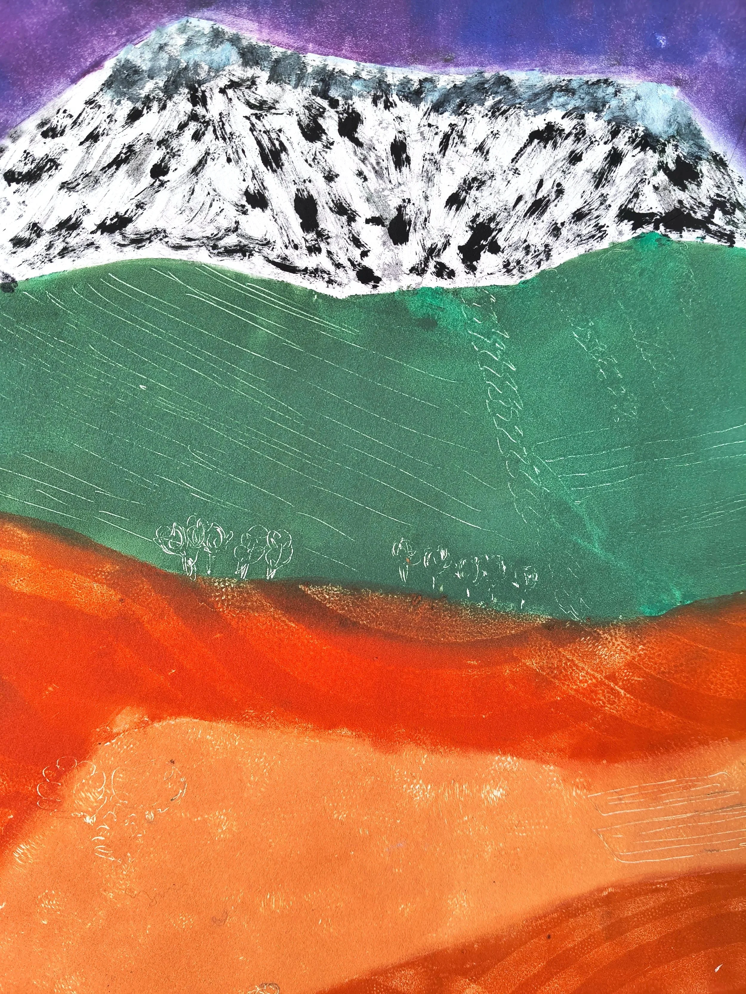Purple Mountains Mono Print close up