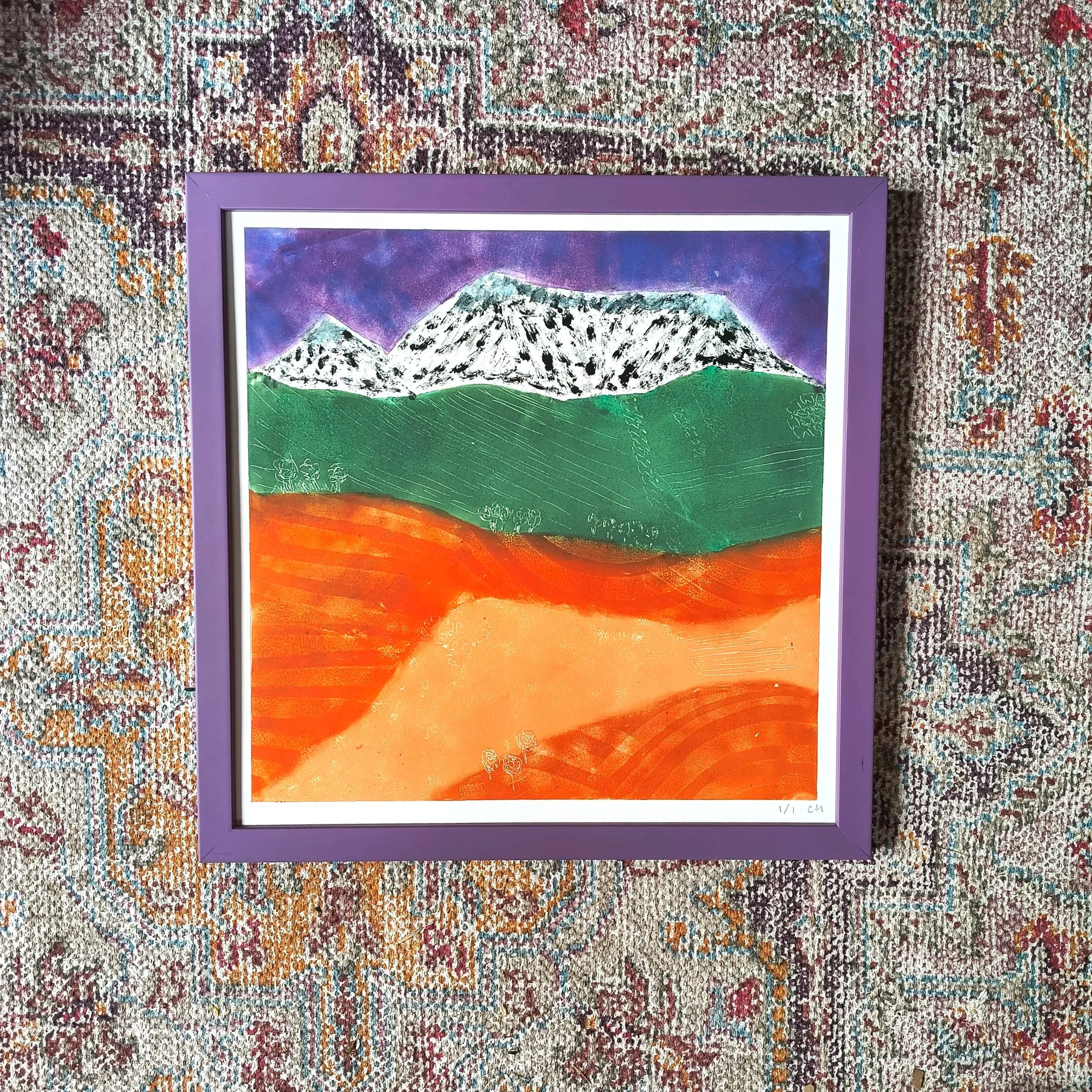 Purple Mountains Mono Print artist Chloe Harrison