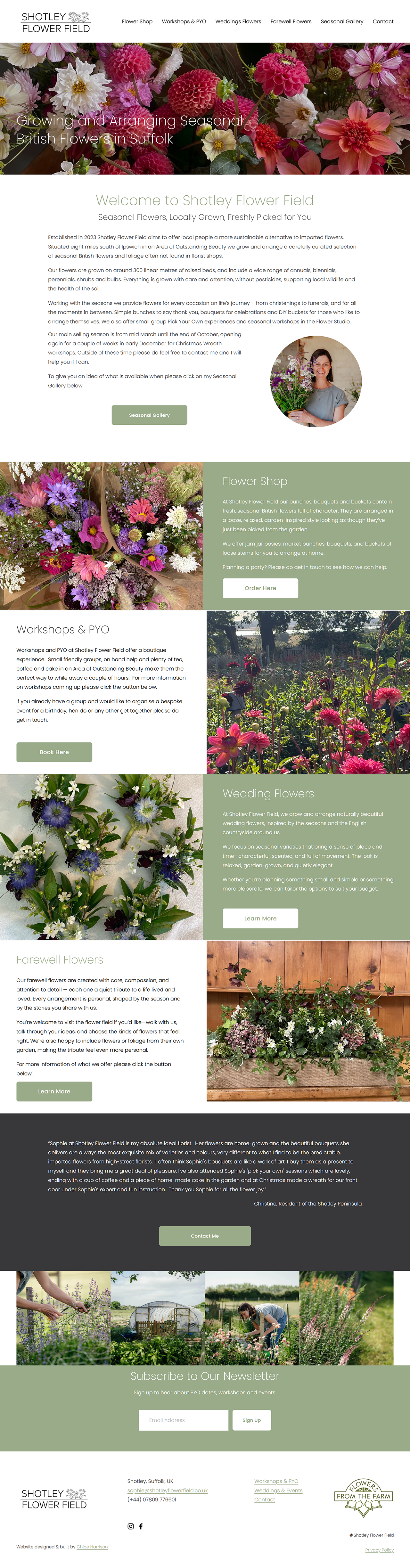 Website homepage for Shotley Flower Field showcasing various seasonal flowers, workshop offerings, wedding flowers, farewell arrangements, and a seasonal gallery with images of flower arrangements, people working with flowers, and floral displays.