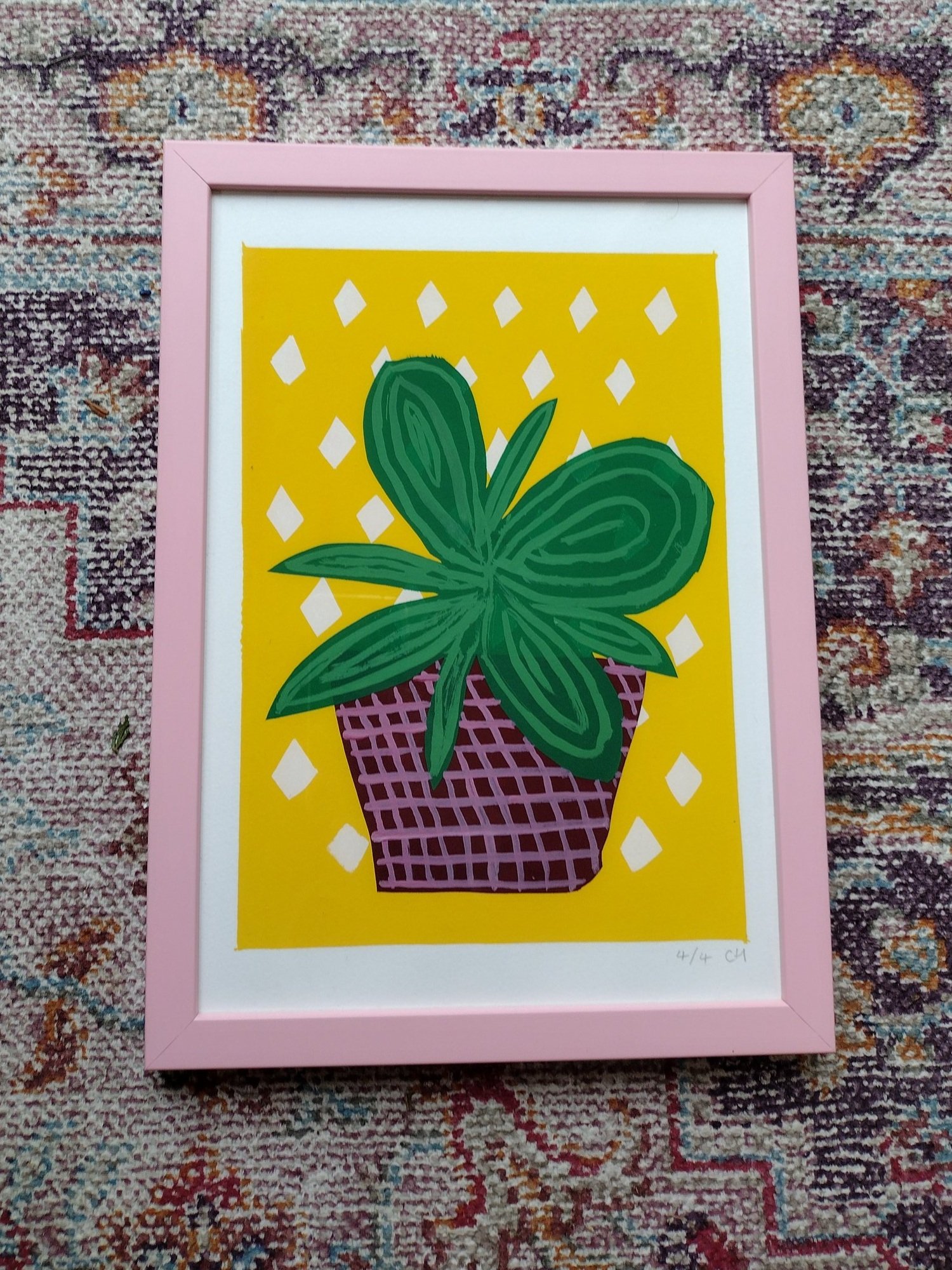 Diamond Checked Succulent - Screen Print & Acrylic Paint