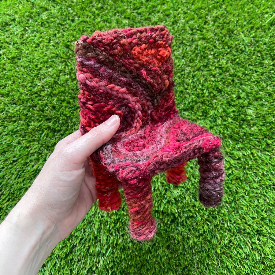 Miniature Chair, Finger-knitted yarn on foil, 2022