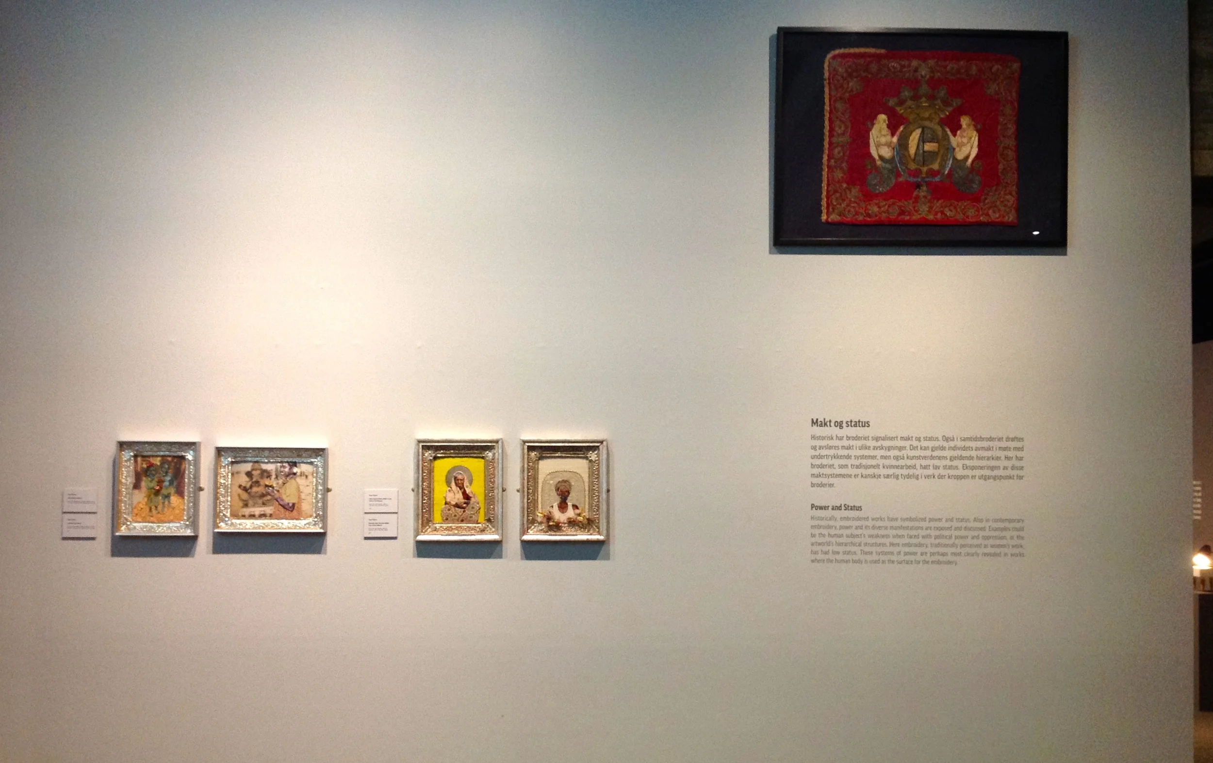My I cons of the Ordinary and Everydeities. Each room had an antique embroidery related to the work. This room was about power and status, very fitting for my Icons. 