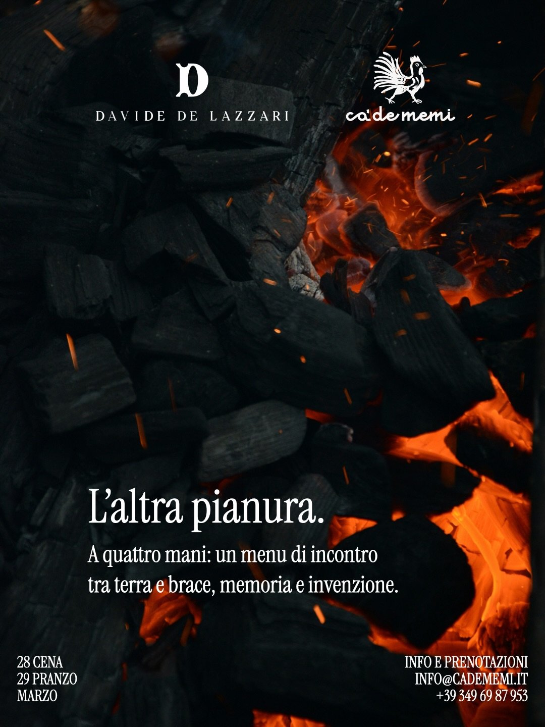 L&rsquo;altra pianura. Quattro Mani: @cadememi e @davide_de_lazzari saranno insieme fianco a fianco per un nuovo racconto culinario.  
Un weekend che nasce come un percorso condiviso in cui la materia prima, il fuoco e il tempo diventano linguaggi co